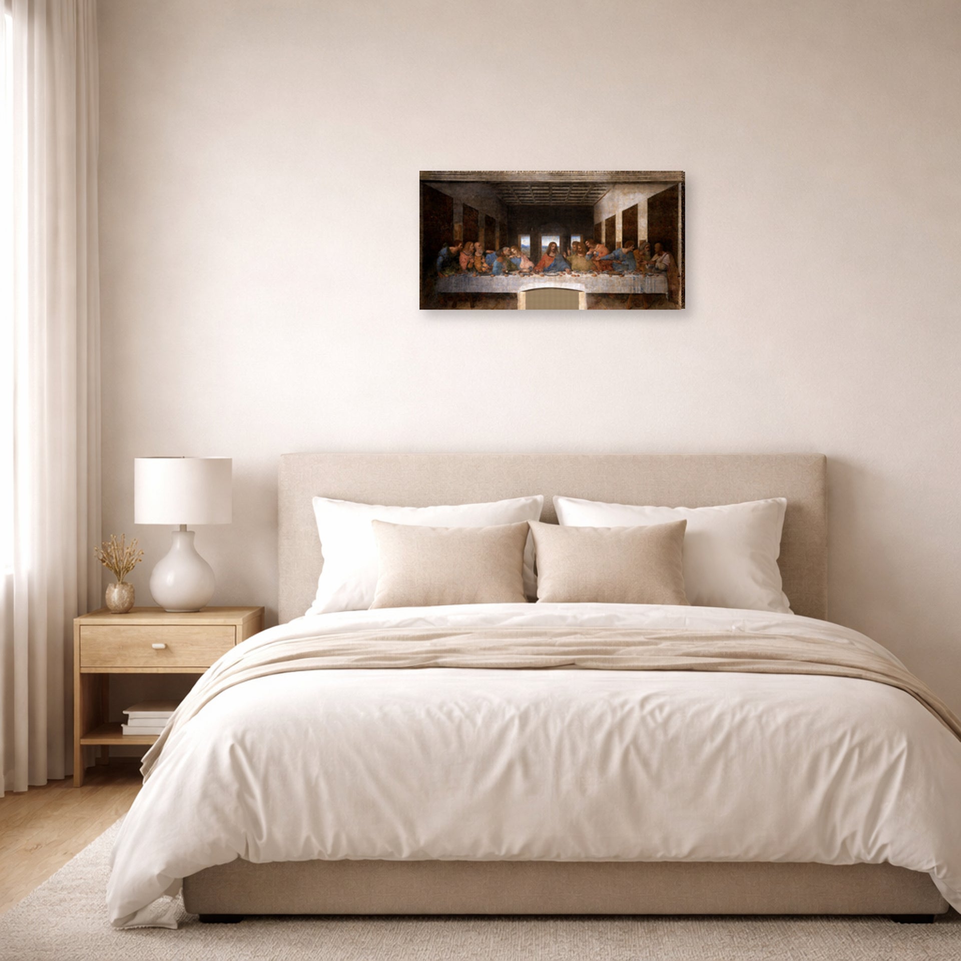 Gallery-wrapped canvas print of Leonardo da Vinci's The Last Supper displayed on a wall in a bedroom
