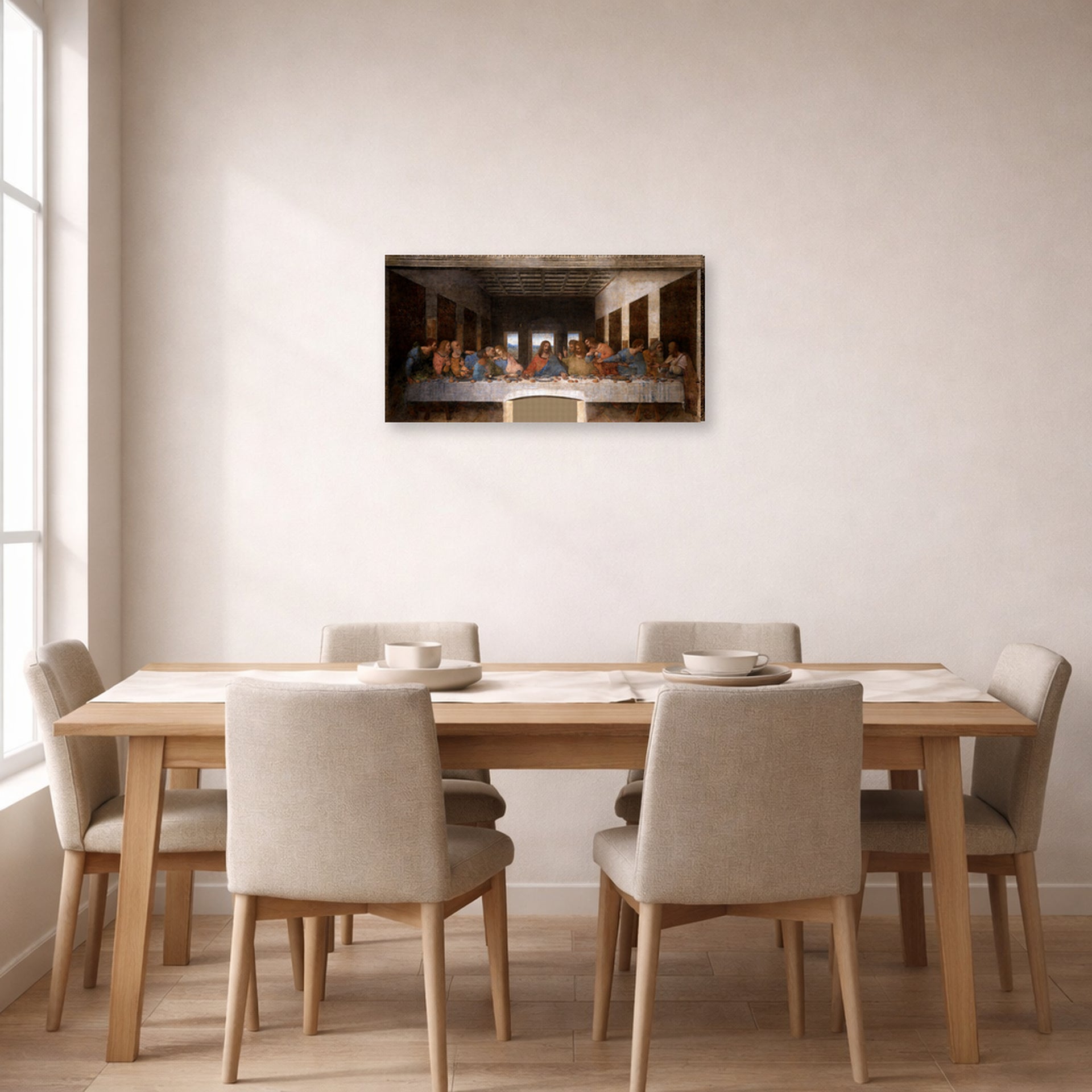 Gallery-wrapped canvas print of Leonardo da Vinci's The Last Supper displayed on a wall in a dining room