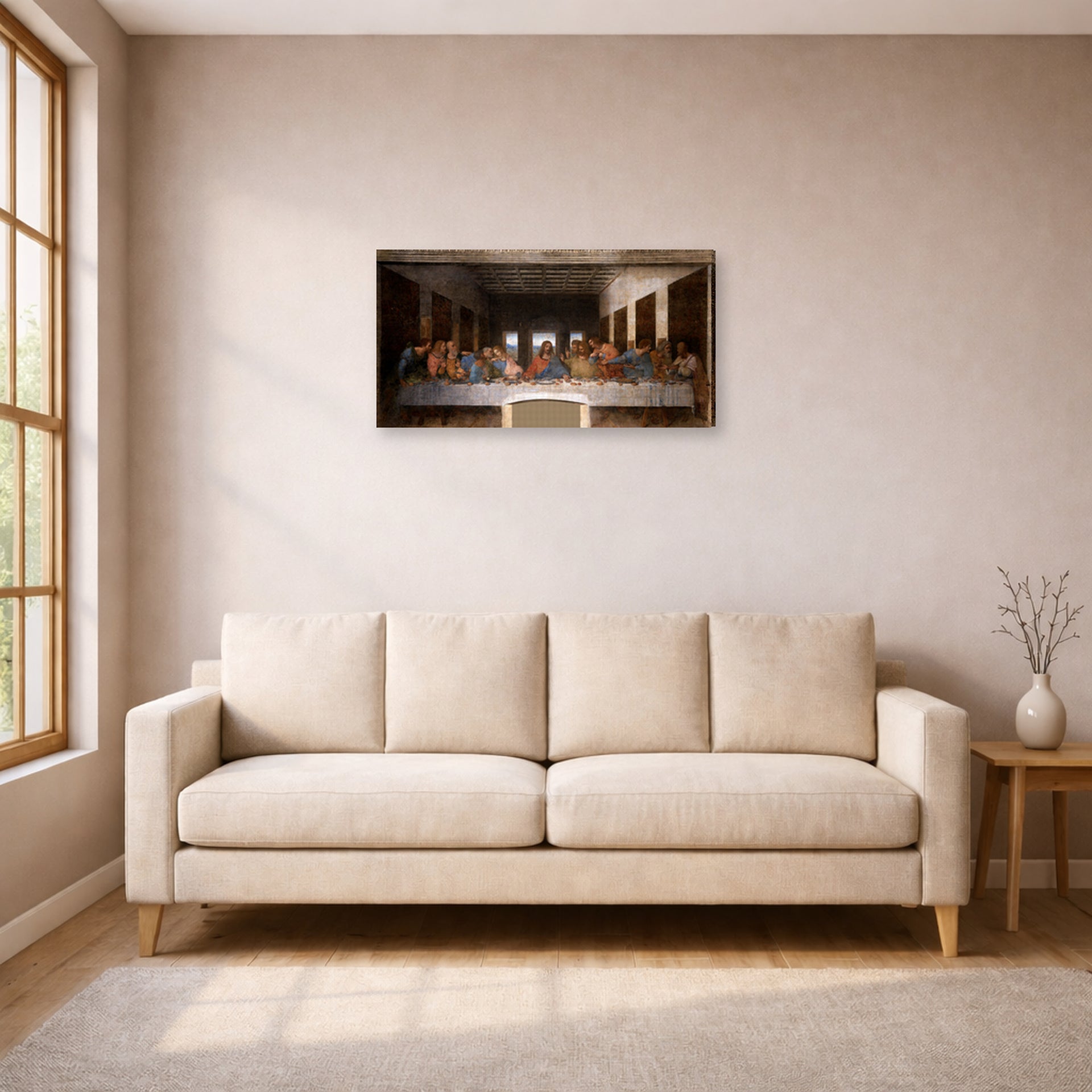Gallery-wrapped canvas print of Leonardo da Vinci's The Last Supper displayed on a wall in a living room