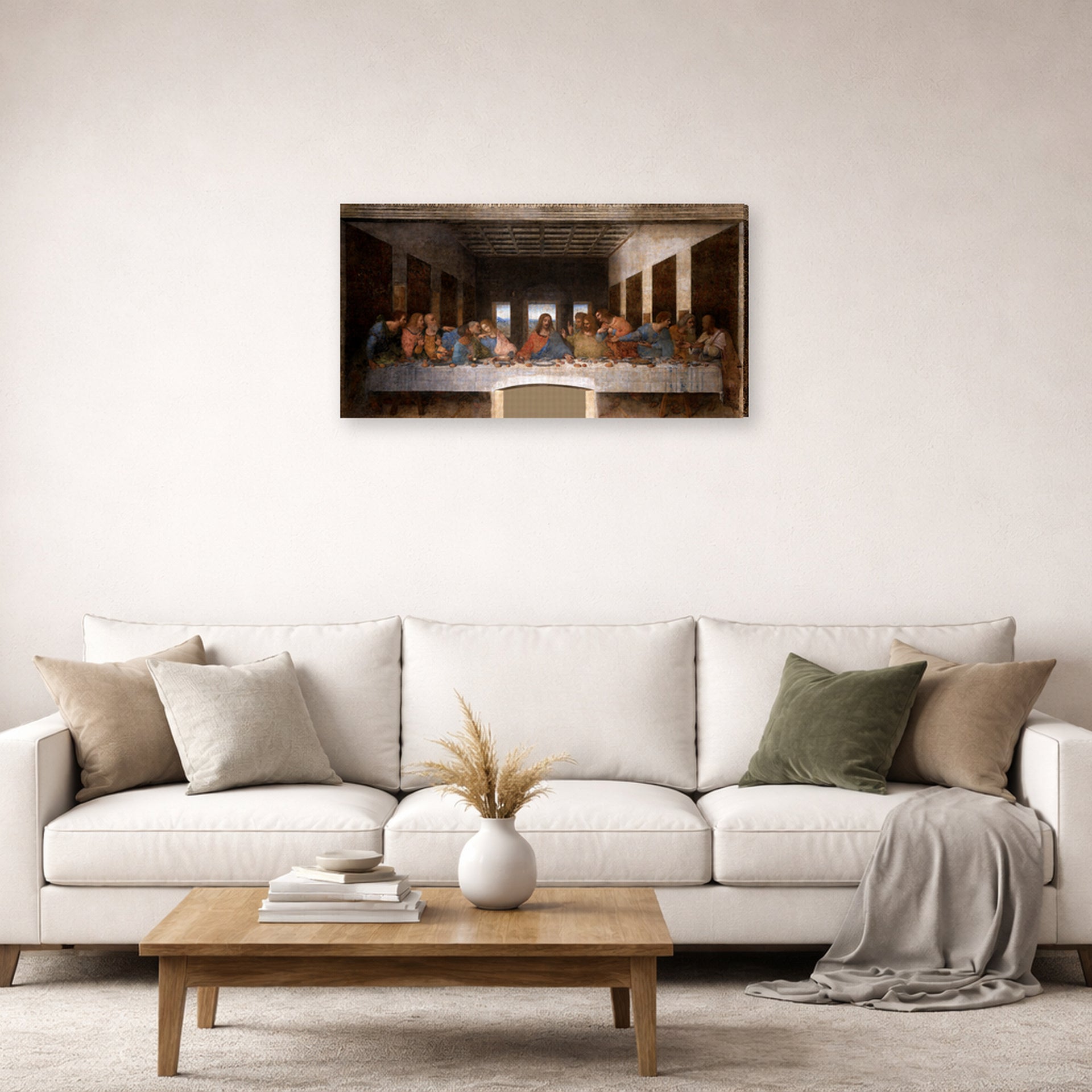 Gallery-wrapped canvas print of Leonardo da Vinci's The Last Supper displayed on a wall in a living room