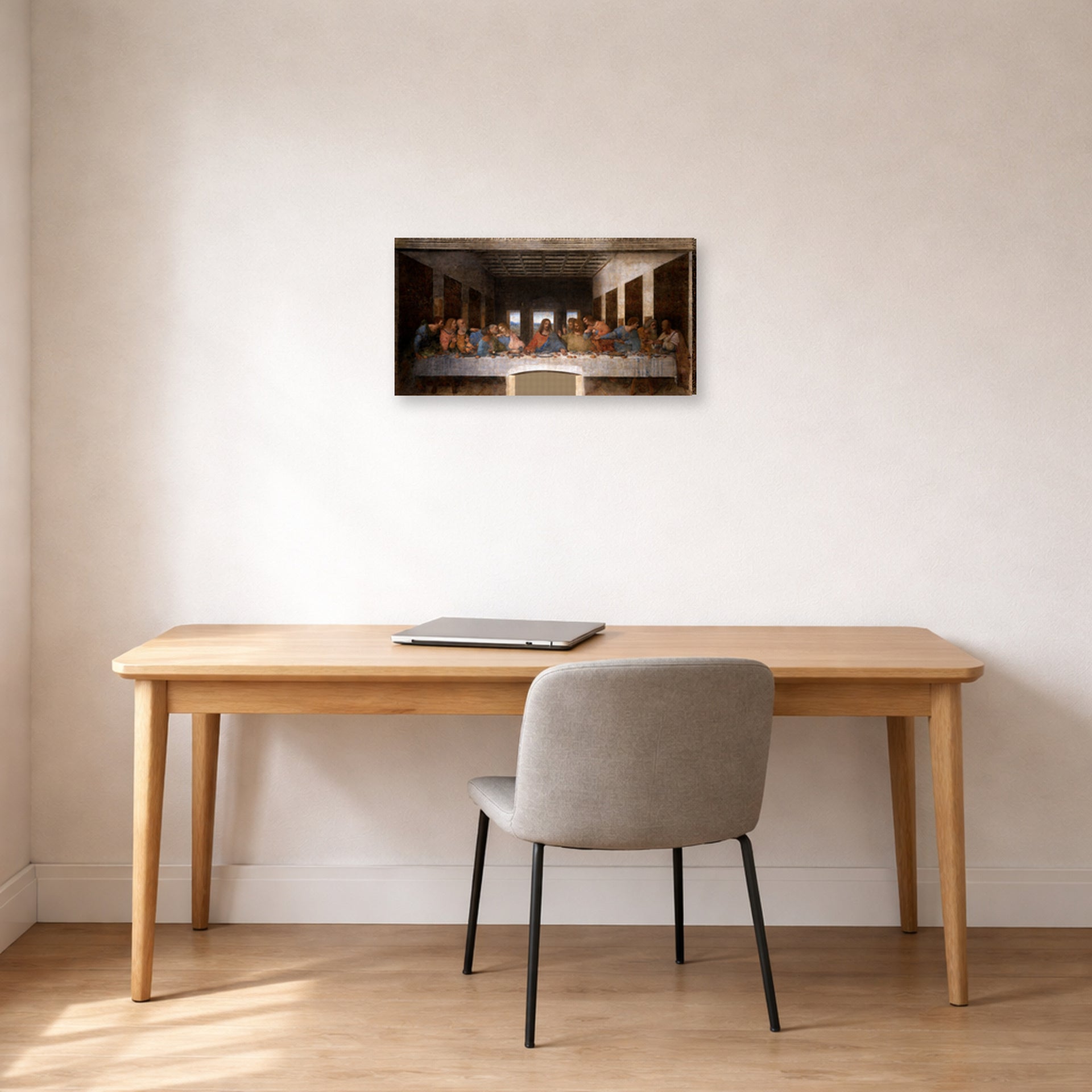 Gallery-wrapped canvas print of Leonardo da Vinci's The Last Supper displayed on a wall in an office