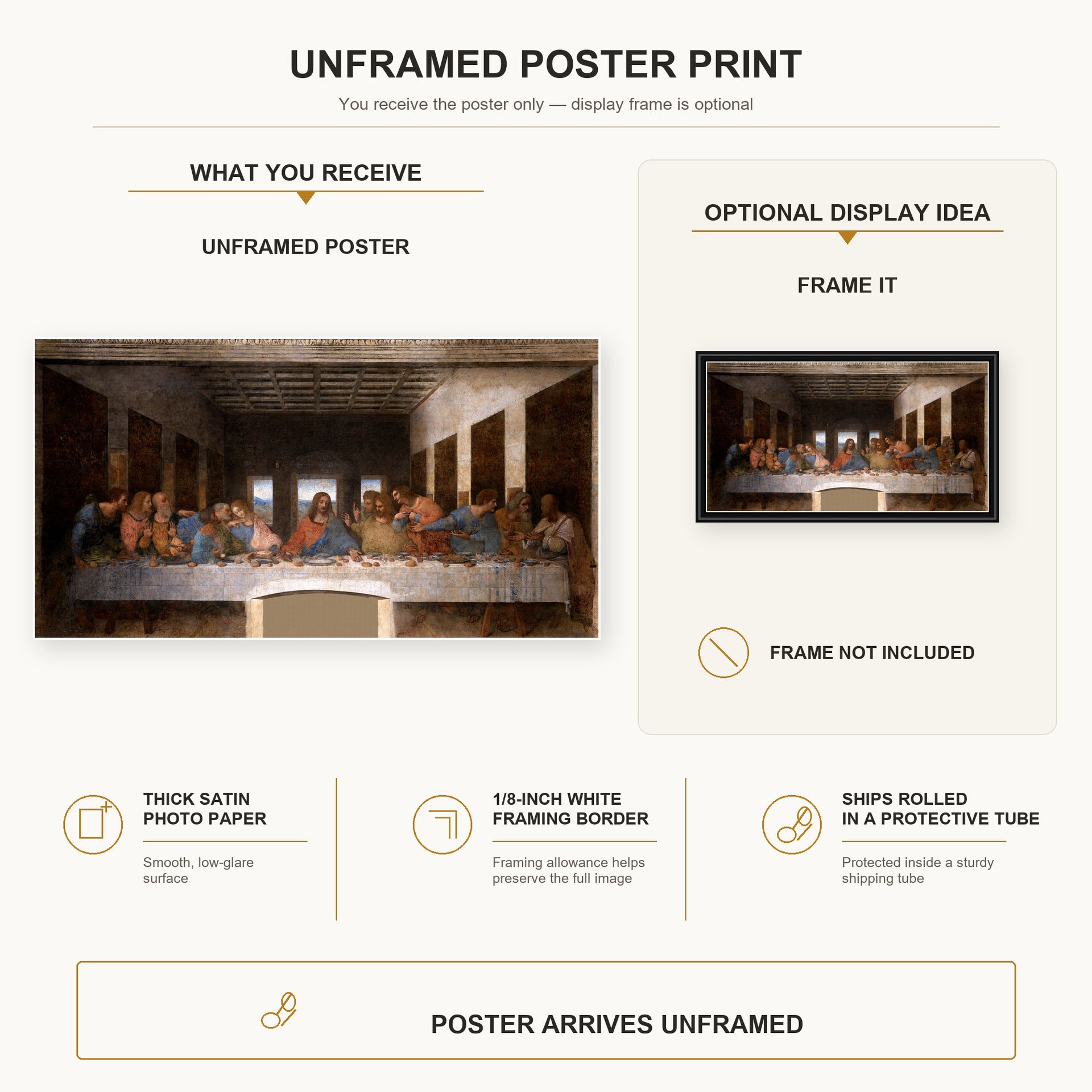 Leonardo da Vinci - The Last Supper poster print size comparison and framing display infographic