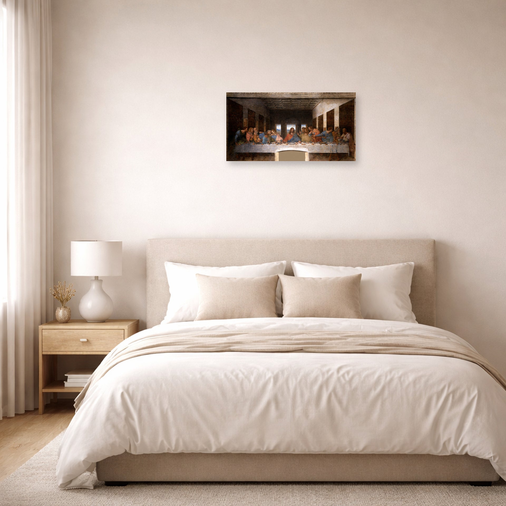 Unframed poster print of Leonardo da Vinci's The Last Supper displayed on a wall in a bedroom