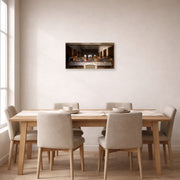 Unframed poster print of Leonardo da Vinci's The Last Supper displayed on a wall in a dining room