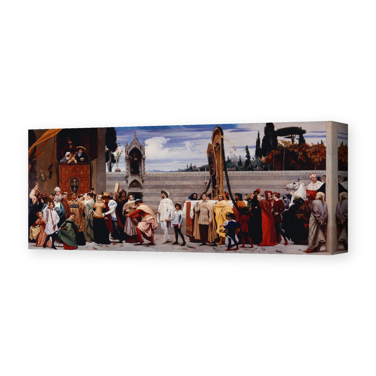 Lord Frederick Leighton's 'Cimabue's Madonna Carried in Procession', depicting a Madonna painting carried through the streets of Florence in celebration, reproduced as a gallery-wrapped canvas print