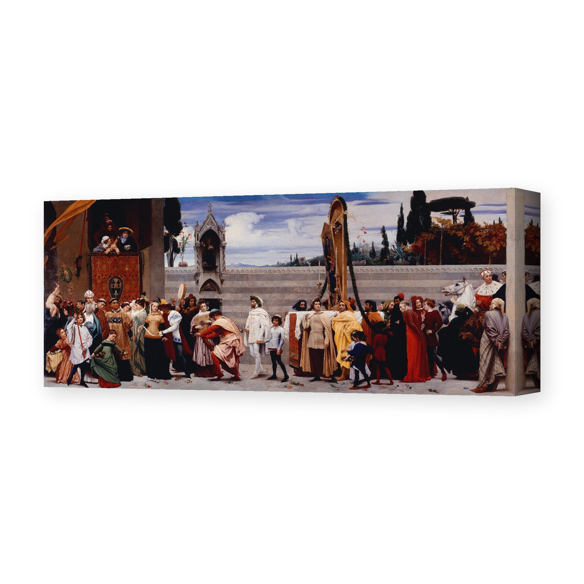Lord Frederick Leighton's 'Cimabue's Madonna Carried in Procession', depicting a Madonna painting carried through the streets of Florence in celebration, reproduced as a gallery-wrapped canvas print