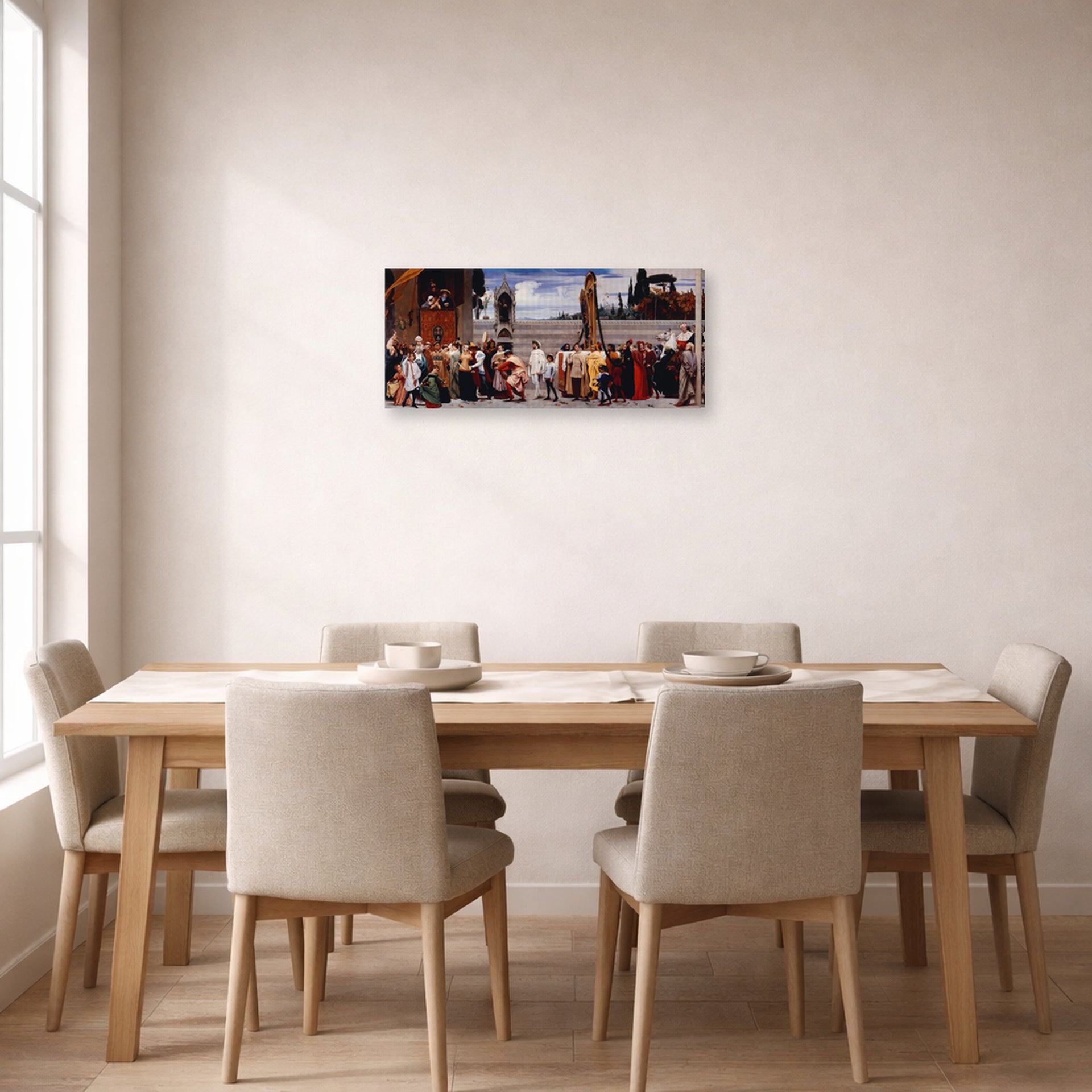 Gallery-wrapped canvas print of Lord Frederick Leighton's Cimabue's Madonna Carried in Procession displayed on a wall in a dining