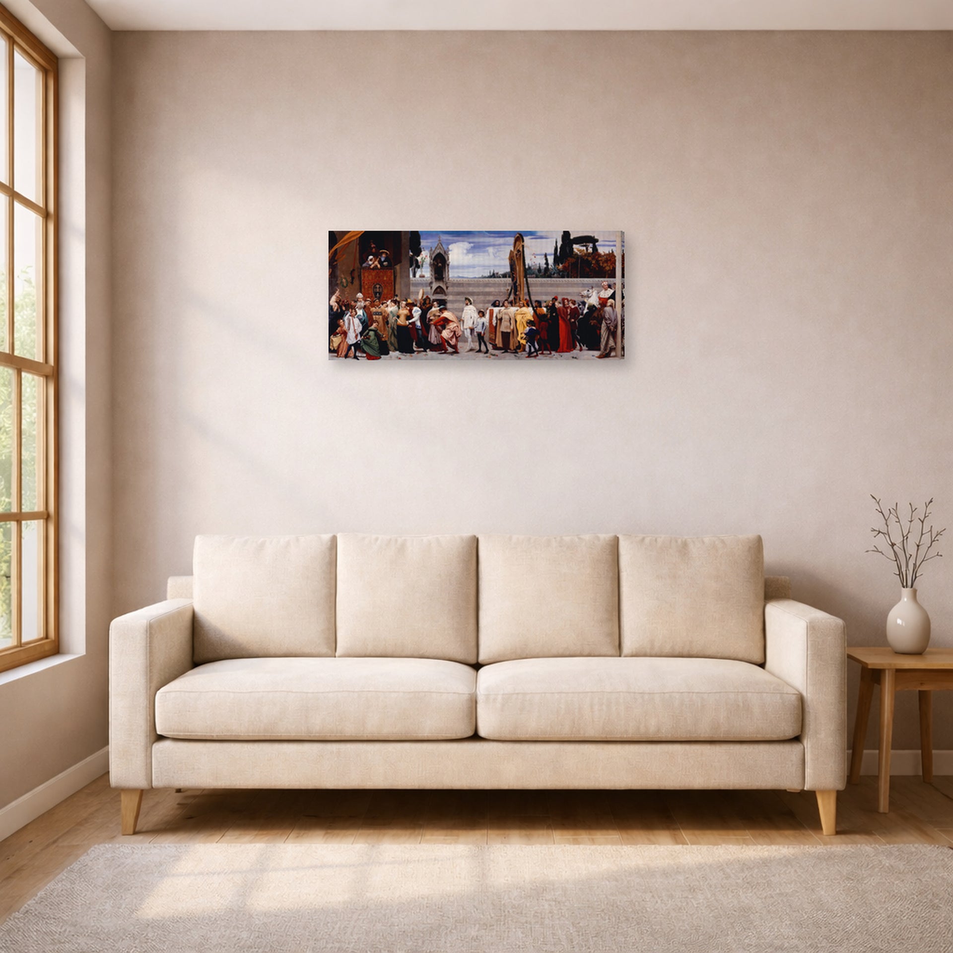 Gallery-wrapped canvas print of Lord Frederick Leighton's Cimabue's Madonna Carried in Procession displayed on a wall in a living room