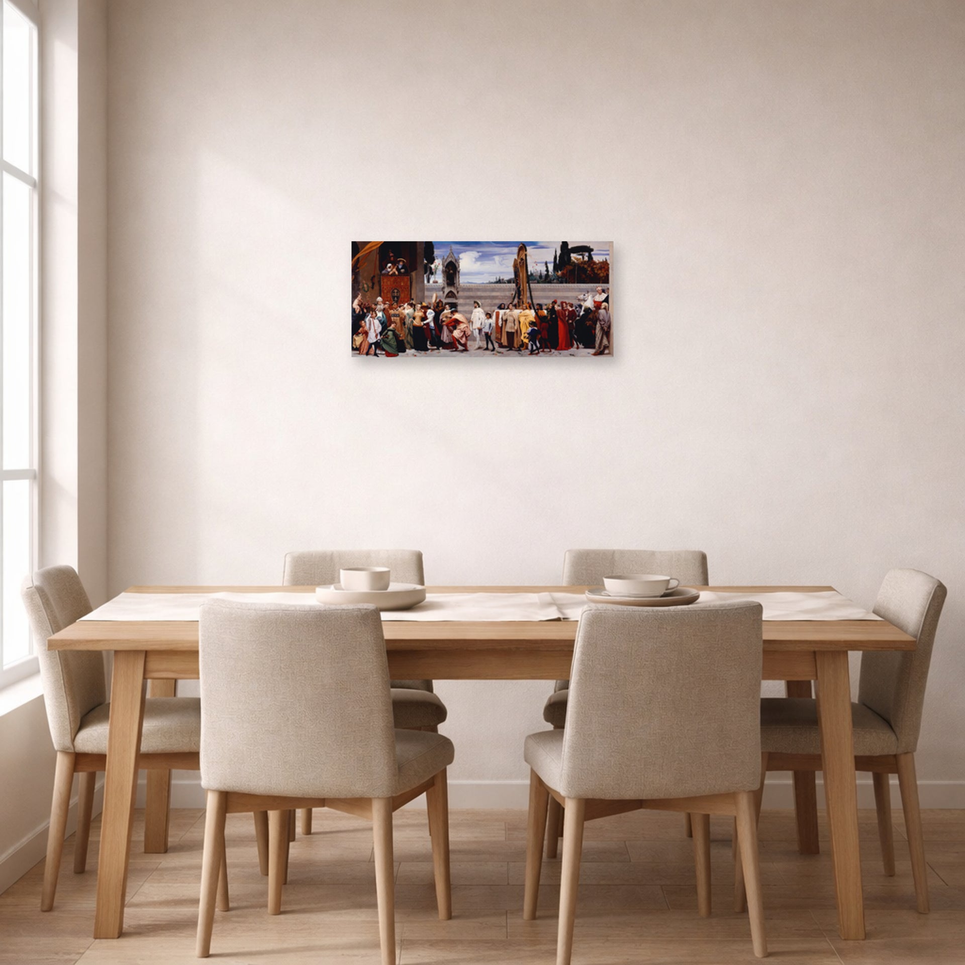 Unframed poster print of Lord Frederick Leighton's Cimabue's Madonna Carried in Procession displayed on a wall in a dining