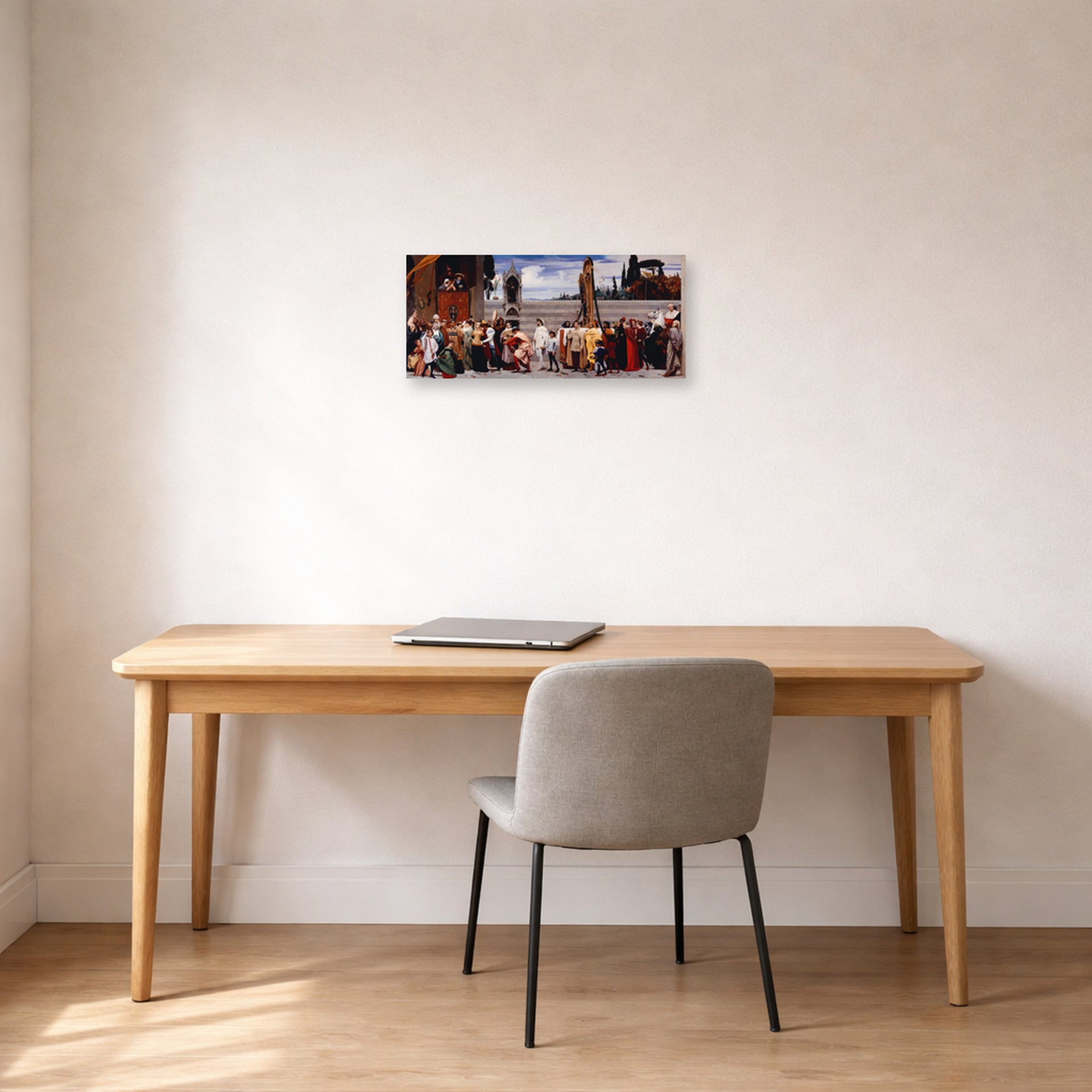 Unframed poster print of Lord Frederick Leighton's Cimabue's Madonna Carried in Procession displayed on a wall in a office