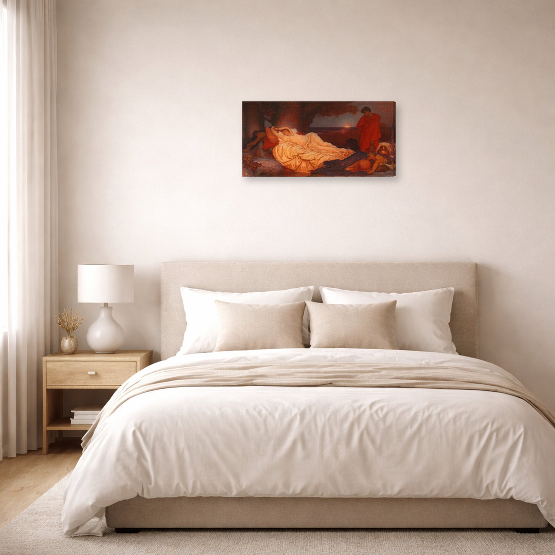 Gallery-wrapped canvas print of Lord Frederick Leighton's Cymon and Iphigenia displayed on a wall in a bedroom