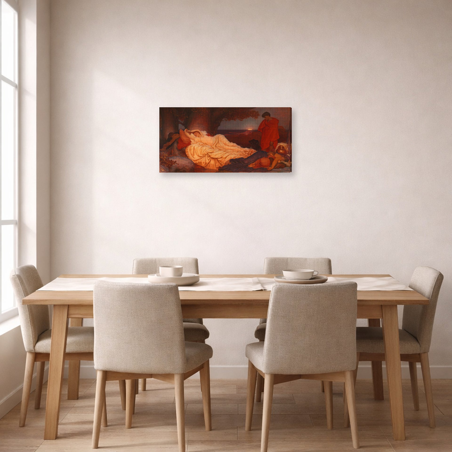 Gallery-wrapped canvas print of Lord Frederick Leighton's Cymon and Iphigenia displayed on a wall in a dining