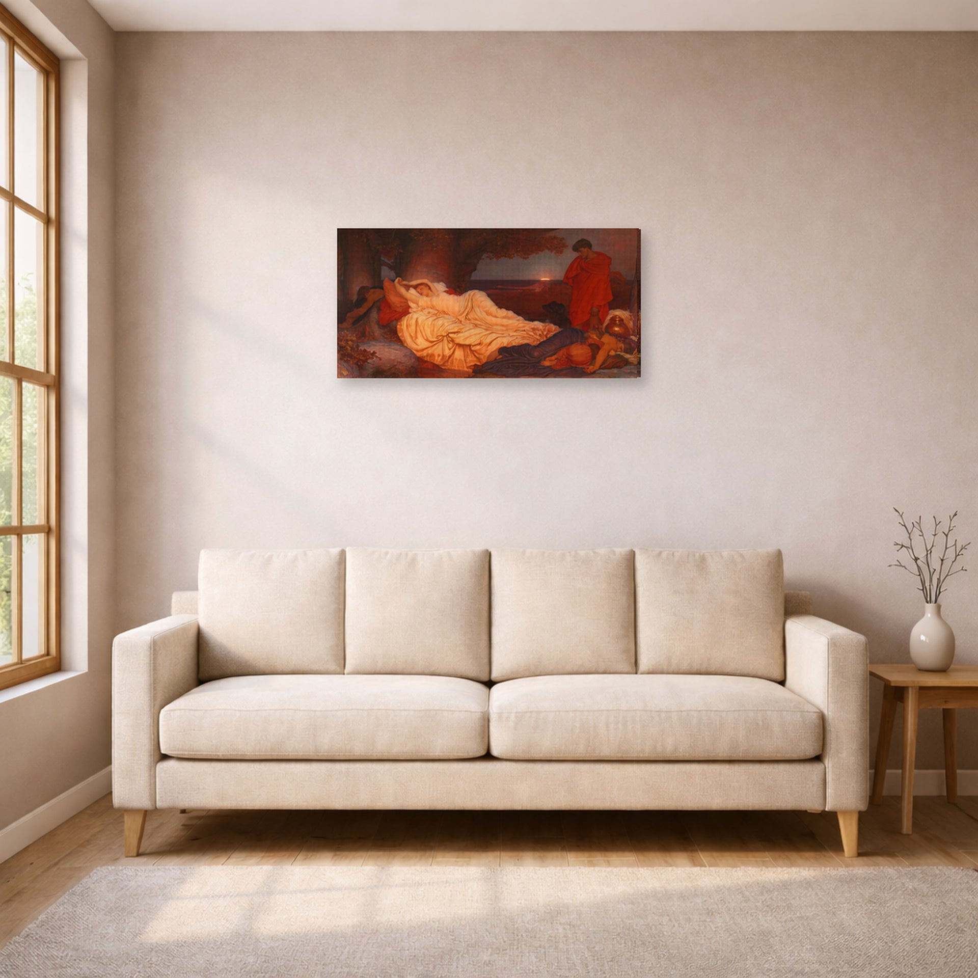 Gallery-wrapped canvas print of Lord Frederick Leighton's Cymon and Iphigenia displayed on a wall in a living room