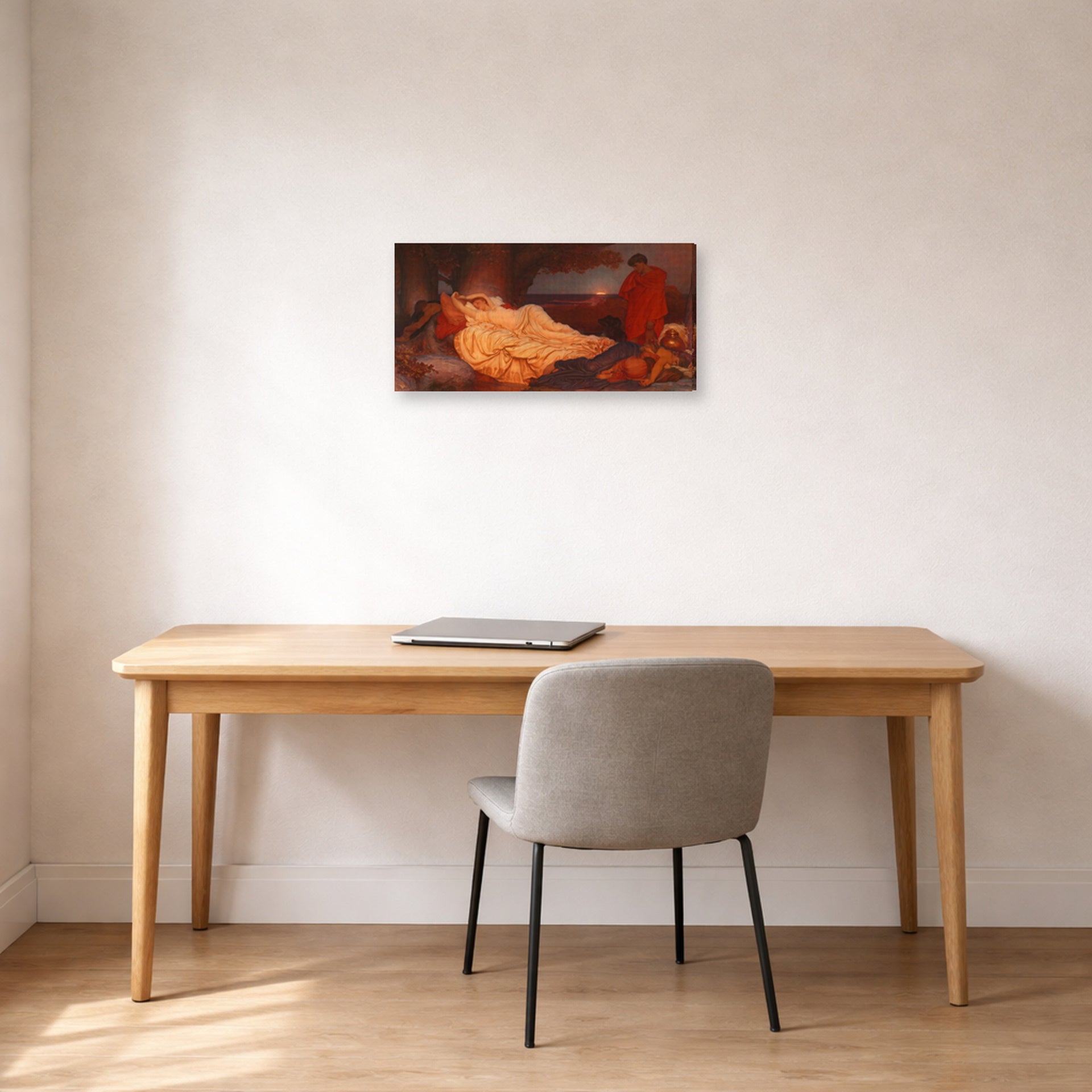 Gallery-wrapped canvas print of Lord Frederick Leighton's Cymon and Iphigenia displayed on a wall in a office