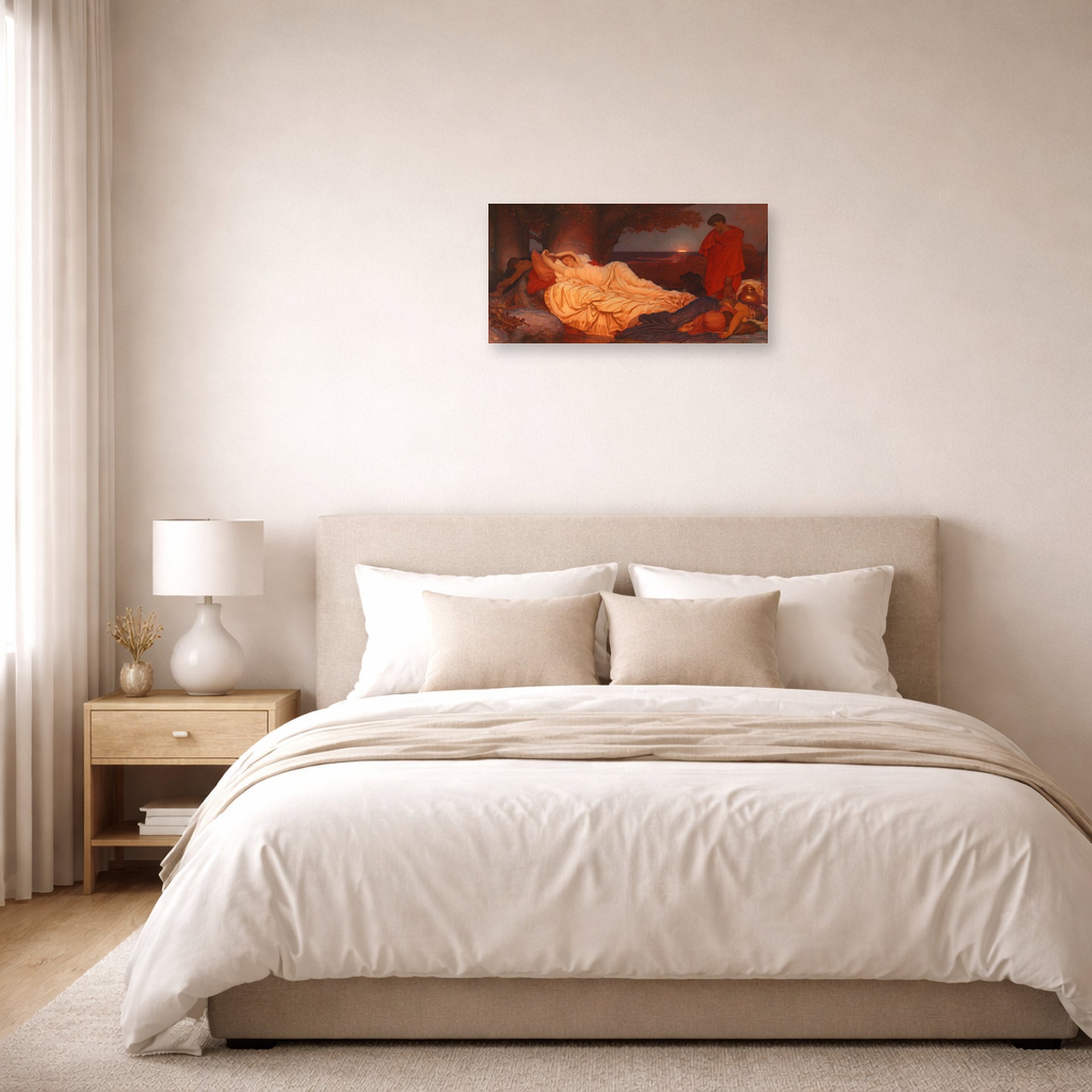 Unframed poster print of Lord Frederick Leighton's Cymon and Iphigenia displayed on a wall in a bedroom