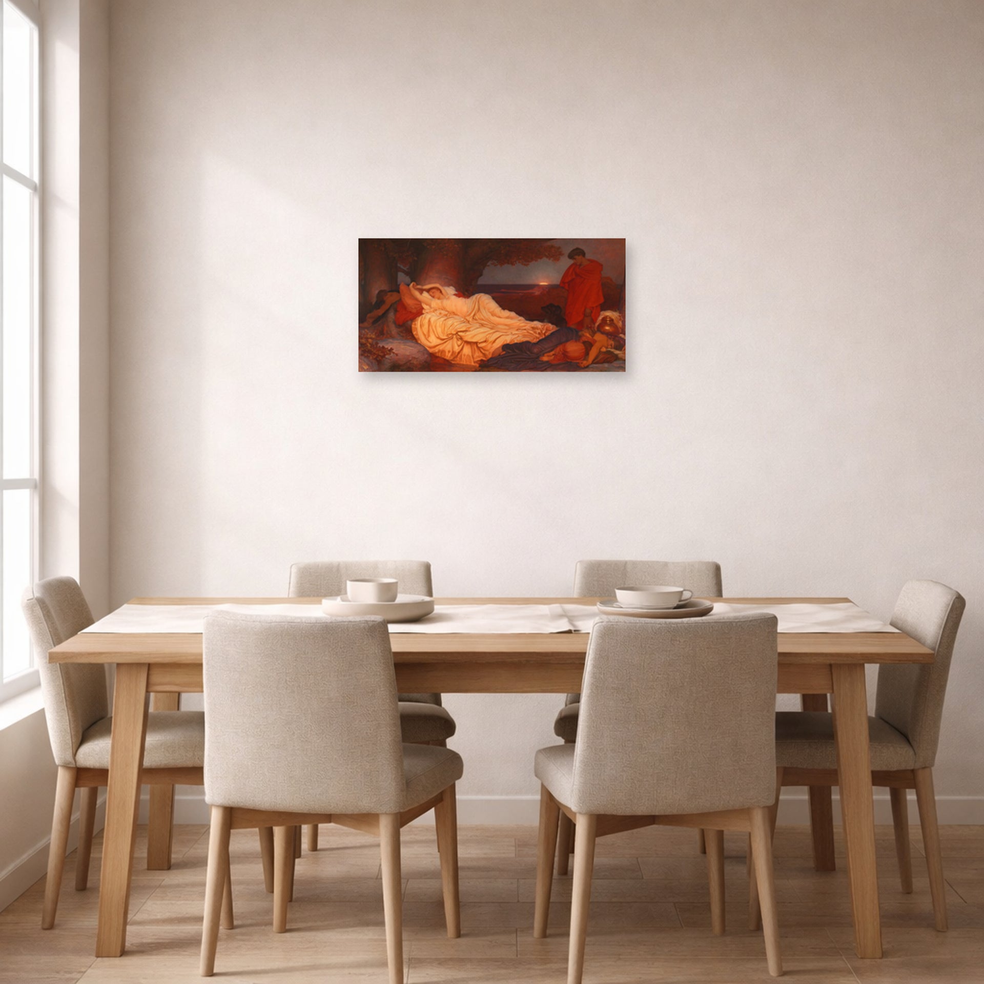 Unframed poster print of Lord Frederick Leighton's Cymon and Iphigenia displayed on a wall in a dining