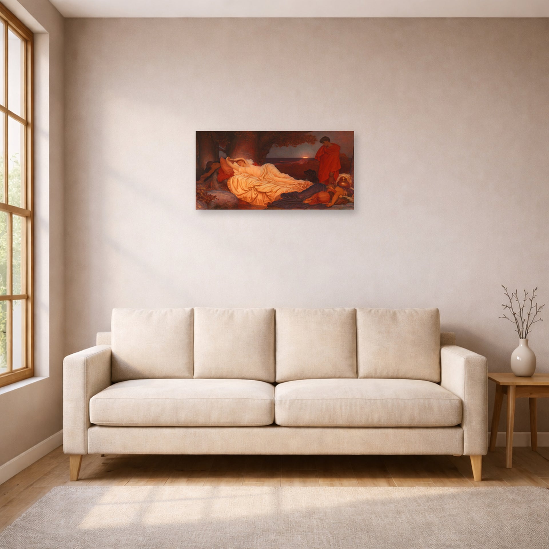 Unframed poster print of Lord Frederick Leighton's Cymon and Iphigenia displayed on a wall in a living room