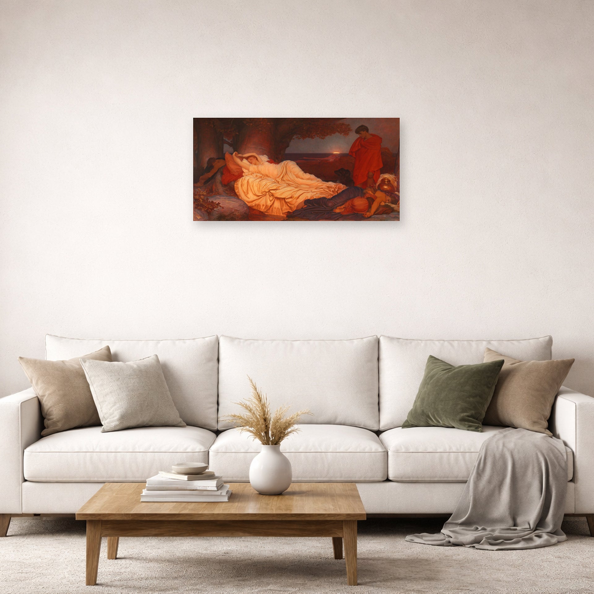 Unframed poster print of Lord Frederick Leighton's Cymon and Iphigenia displayed on a wall in a living room