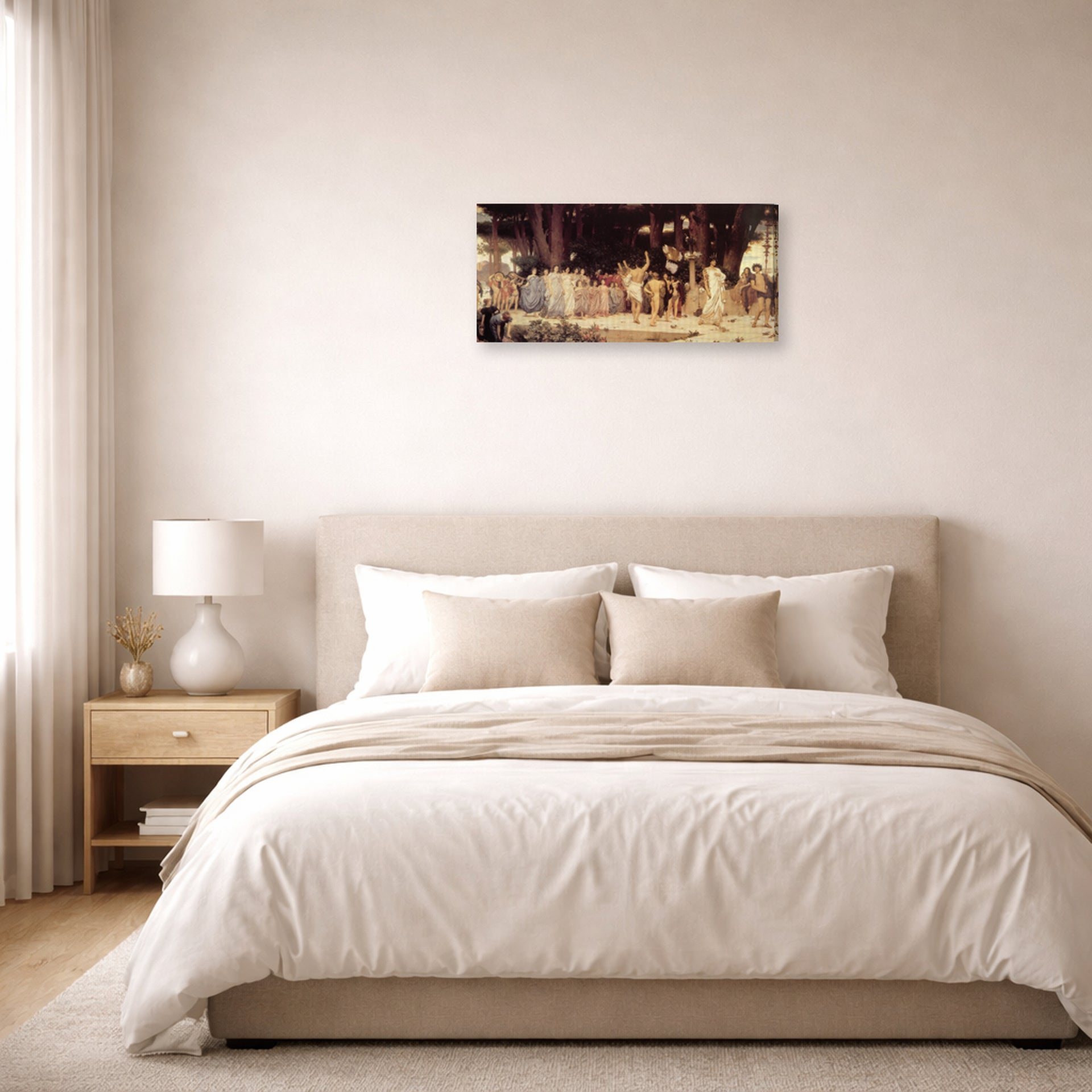 Gallery-wrapped canvas print of Lord Frederick Leighton's Daphnephoria displayed on a wall in a bedroom