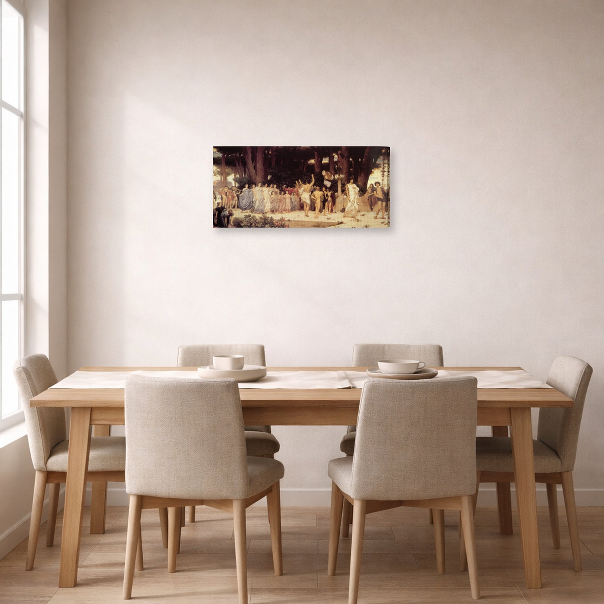 Gallery-wrapped canvas print of Lord Frederick Leighton's Daphnephoria displayed on a wall in a dining