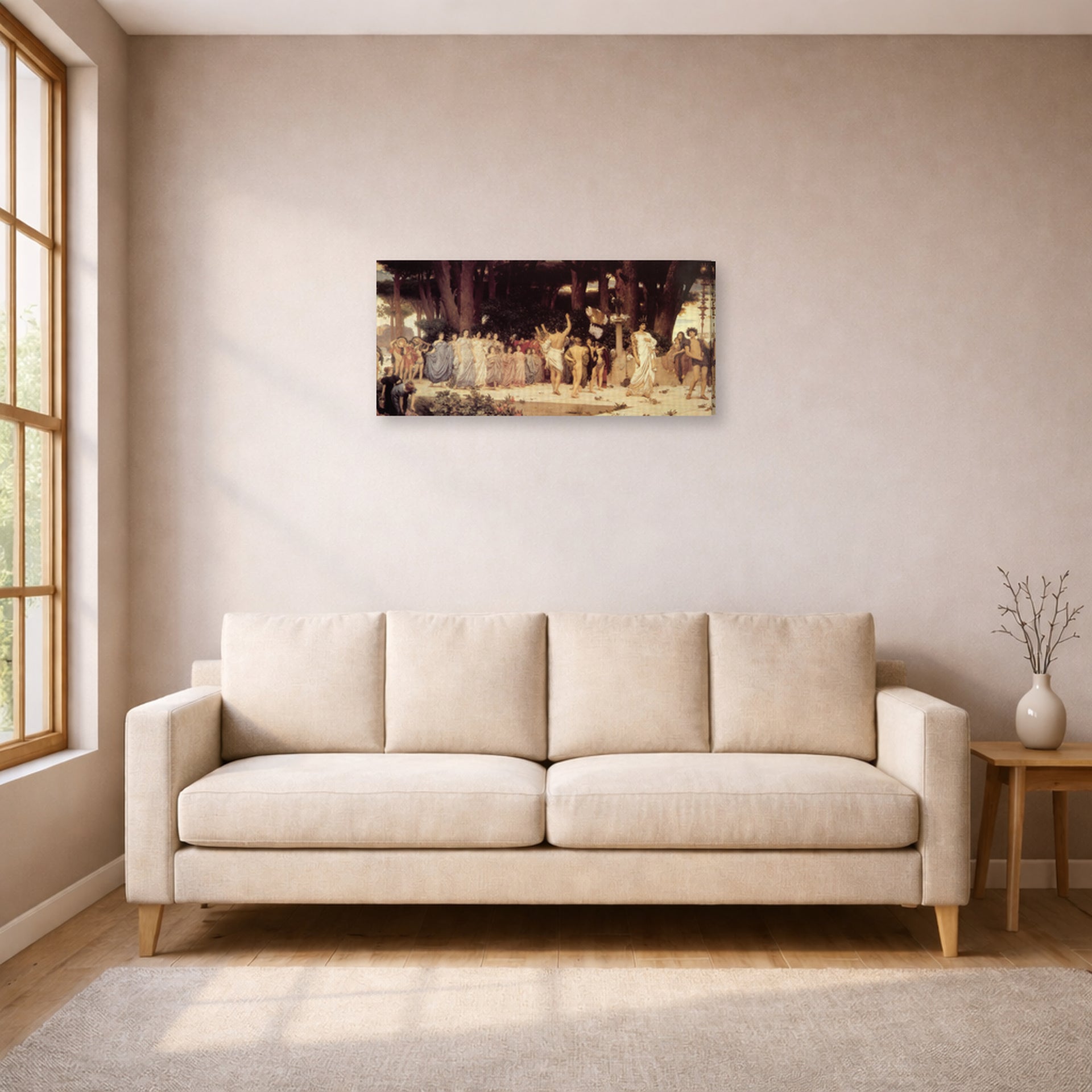 Gallery-wrapped canvas print of Lord Frederick Leighton's Daphnephoria displayed on a wall in a living room