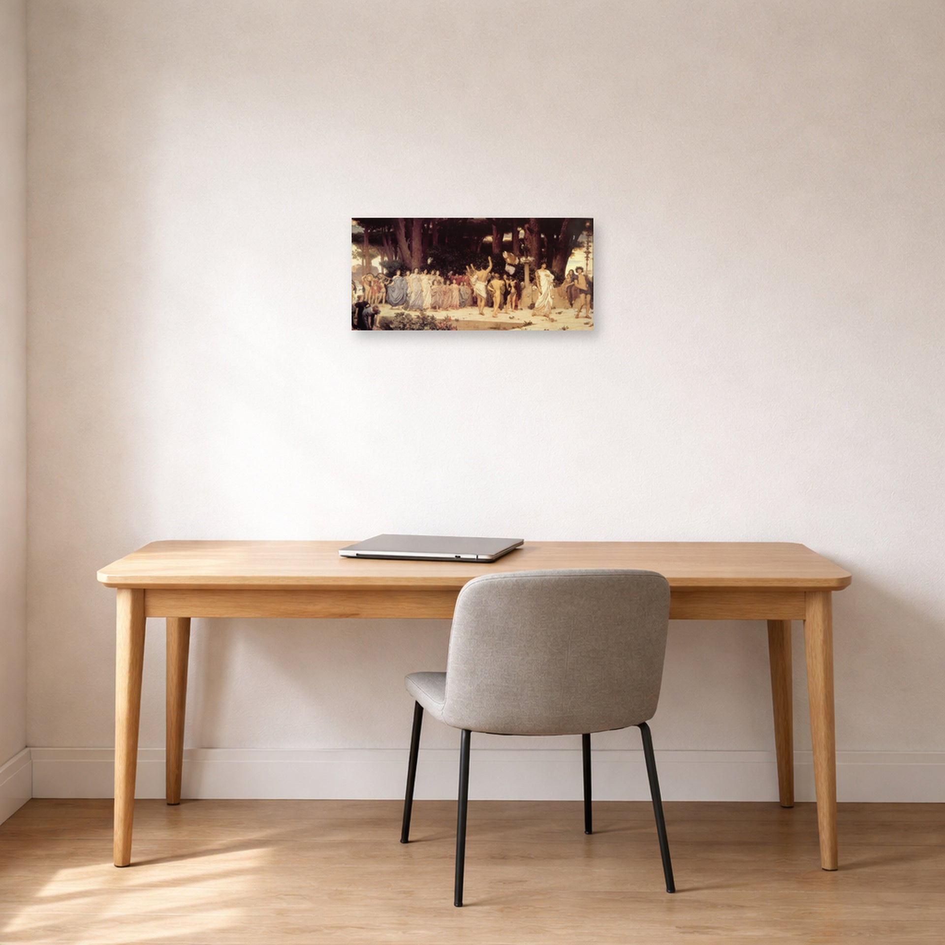 Unframed poster print of Lord Frederick Leighton's Daphnephoria displayed on a wall in a office