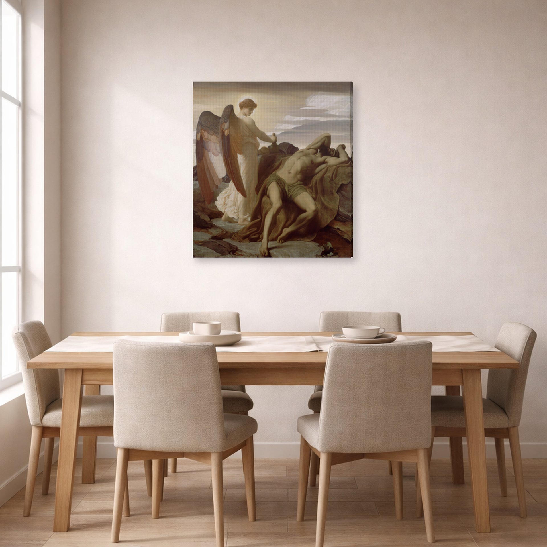Gallery-wrapped canvas print of Lord Frederick Leighton's Elijah in the Wilderness displayed on a wall in a dining