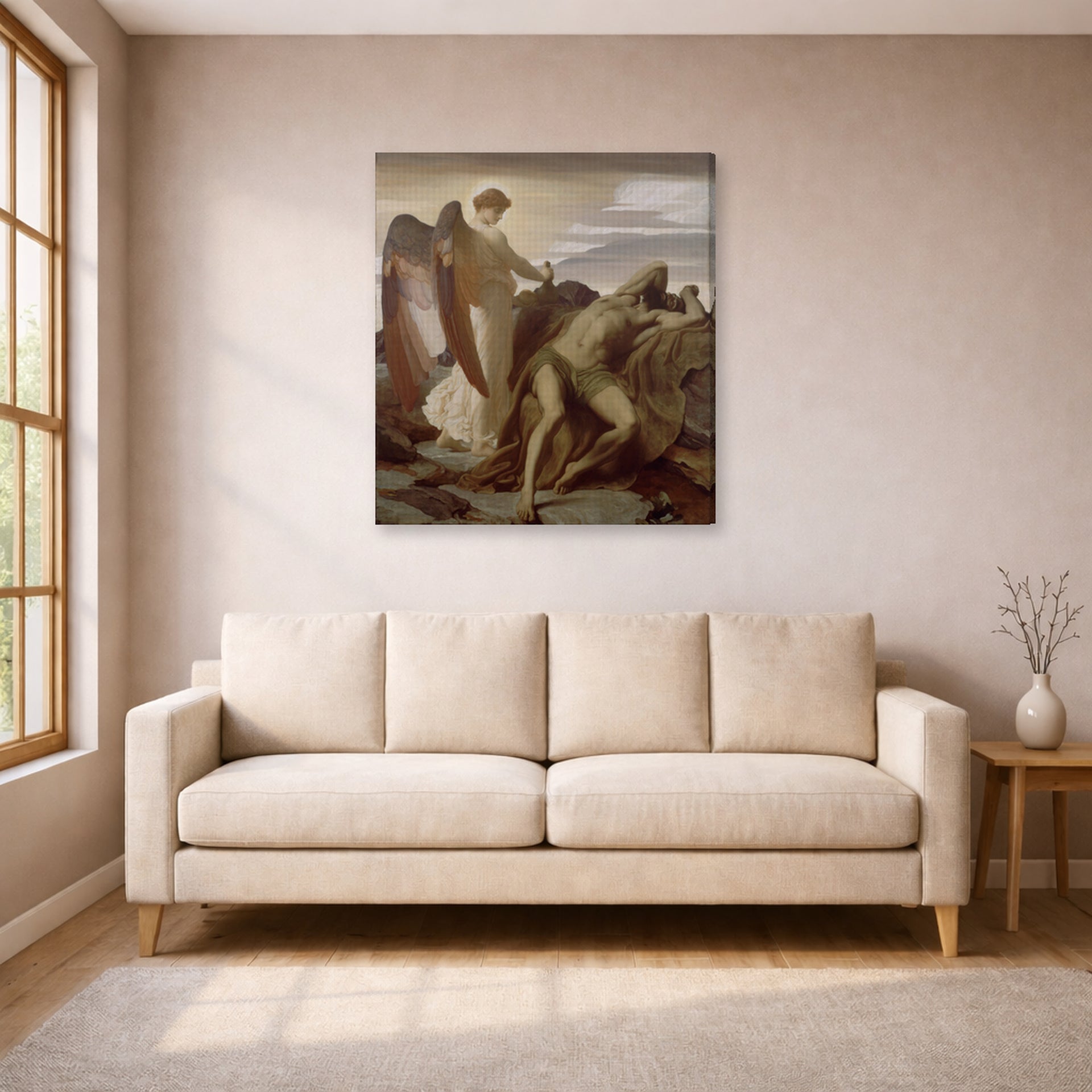 Gallery-wrapped canvas print of Lord Frederick Leighton's Elijah in the Wilderness displayed on a wall in a living room