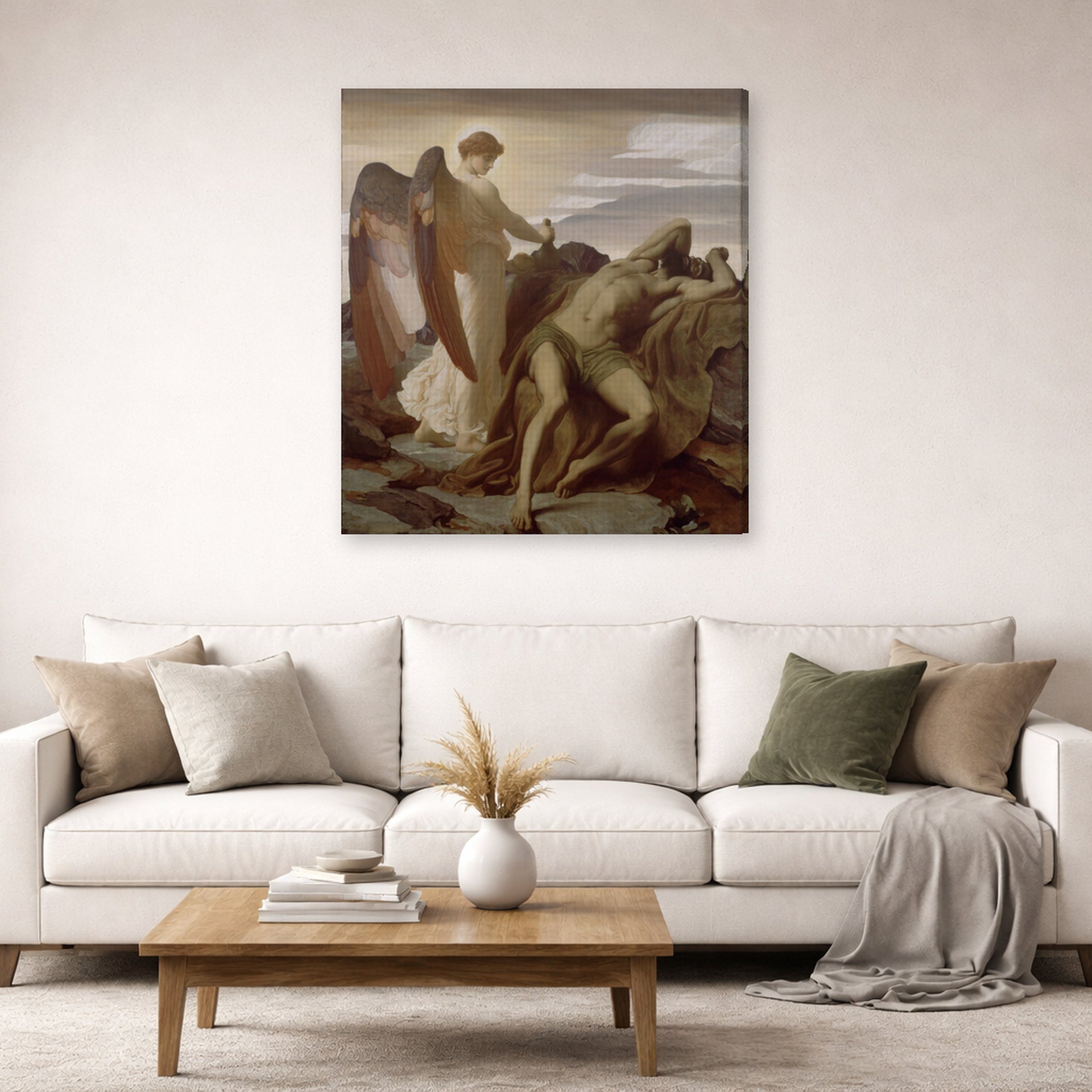 Gallery-wrapped canvas print of Lord Frederick Leighton's Elijah in the Wilderness displayed on a wall in a living room