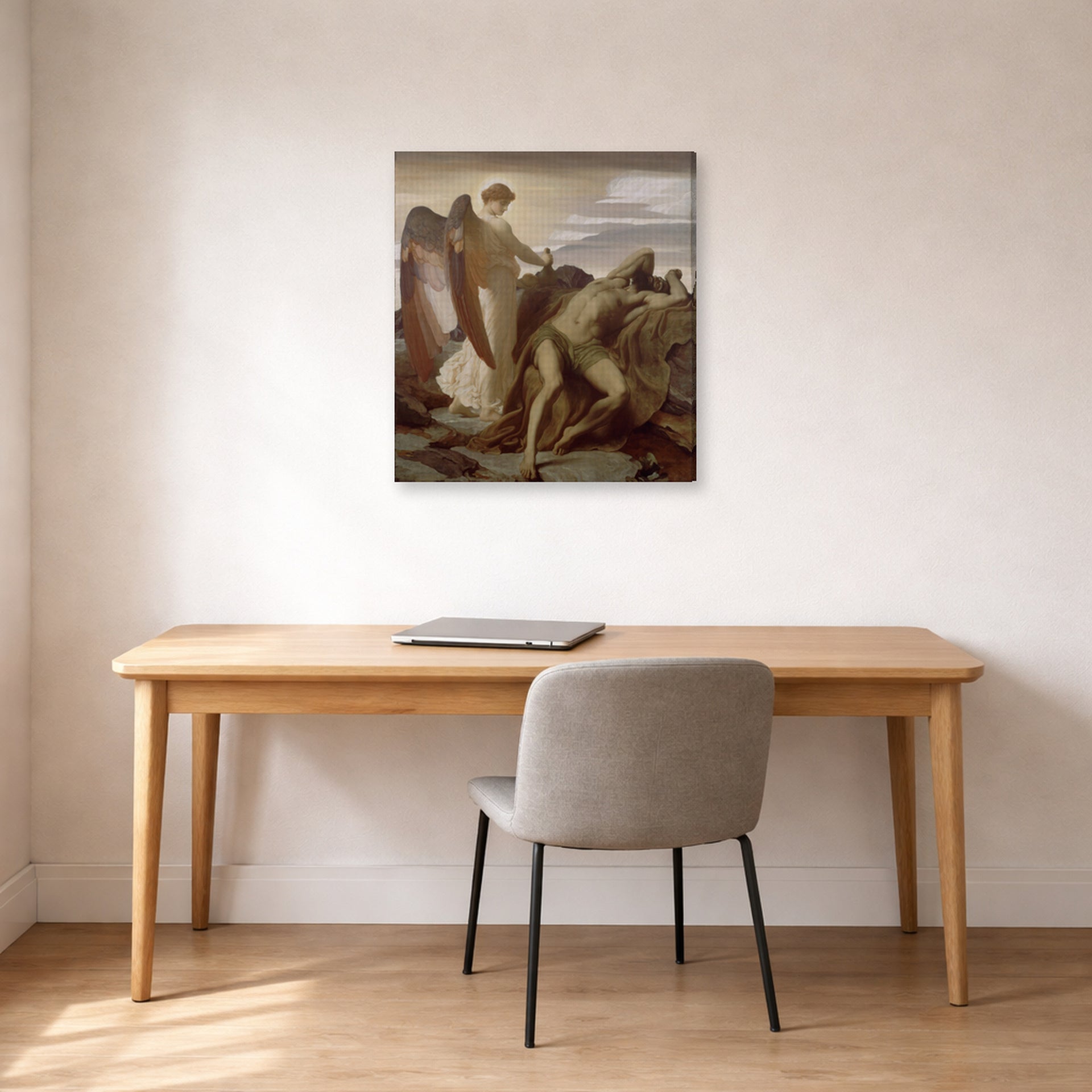Gallery-wrapped canvas print of Lord Frederick Leighton's Elijah in the Wilderness displayed on a wall in a office