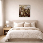 Unframed poster print of Lord Frederick Leighton's Elijah in the Wilderness displayed on a wall in a bedroom