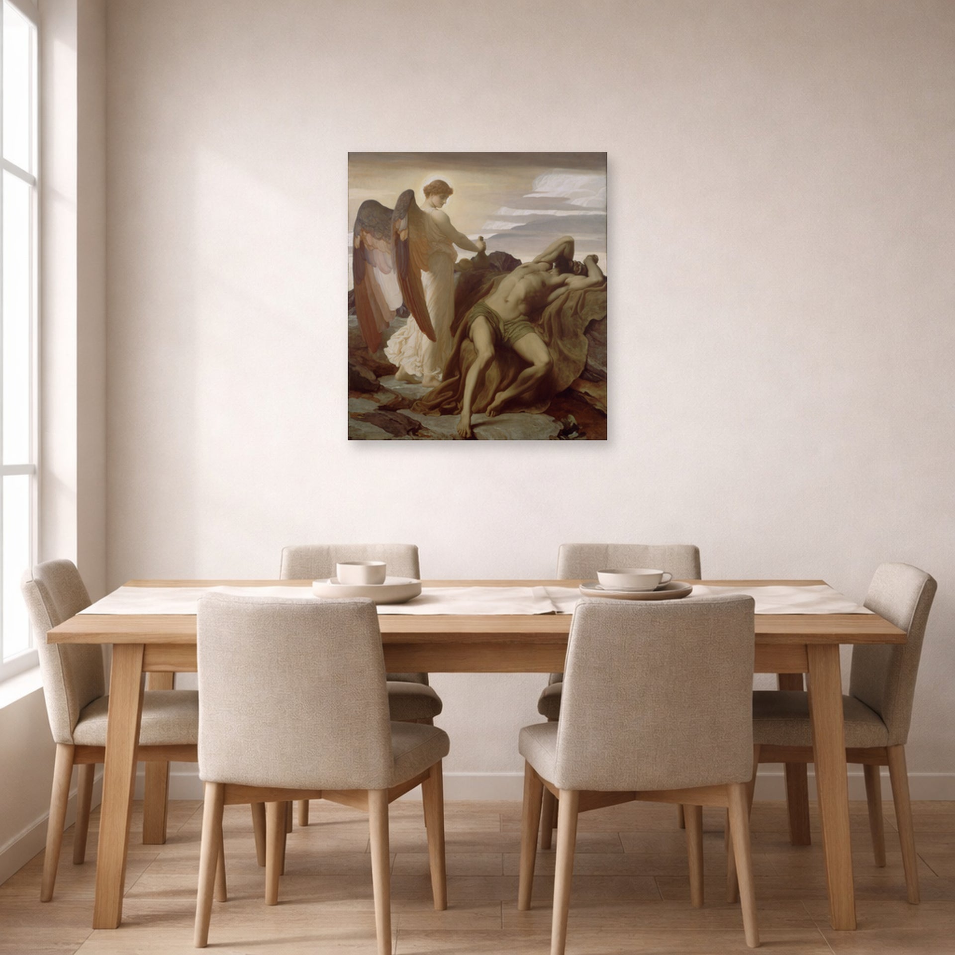 Unframed poster print of Lord Frederick Leighton's Elijah in the Wilderness displayed on a wall in a dining