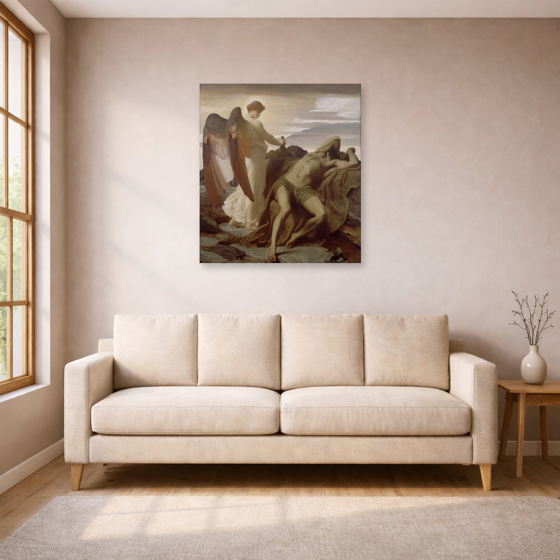 Unframed poster print of Lord Frederick Leighton's Elijah in the Wilderness displayed on a wall in a living room