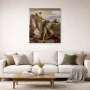 Unframed poster print of Lord Frederick Leighton's Elijah in the Wilderness displayed on a wall in a living room
