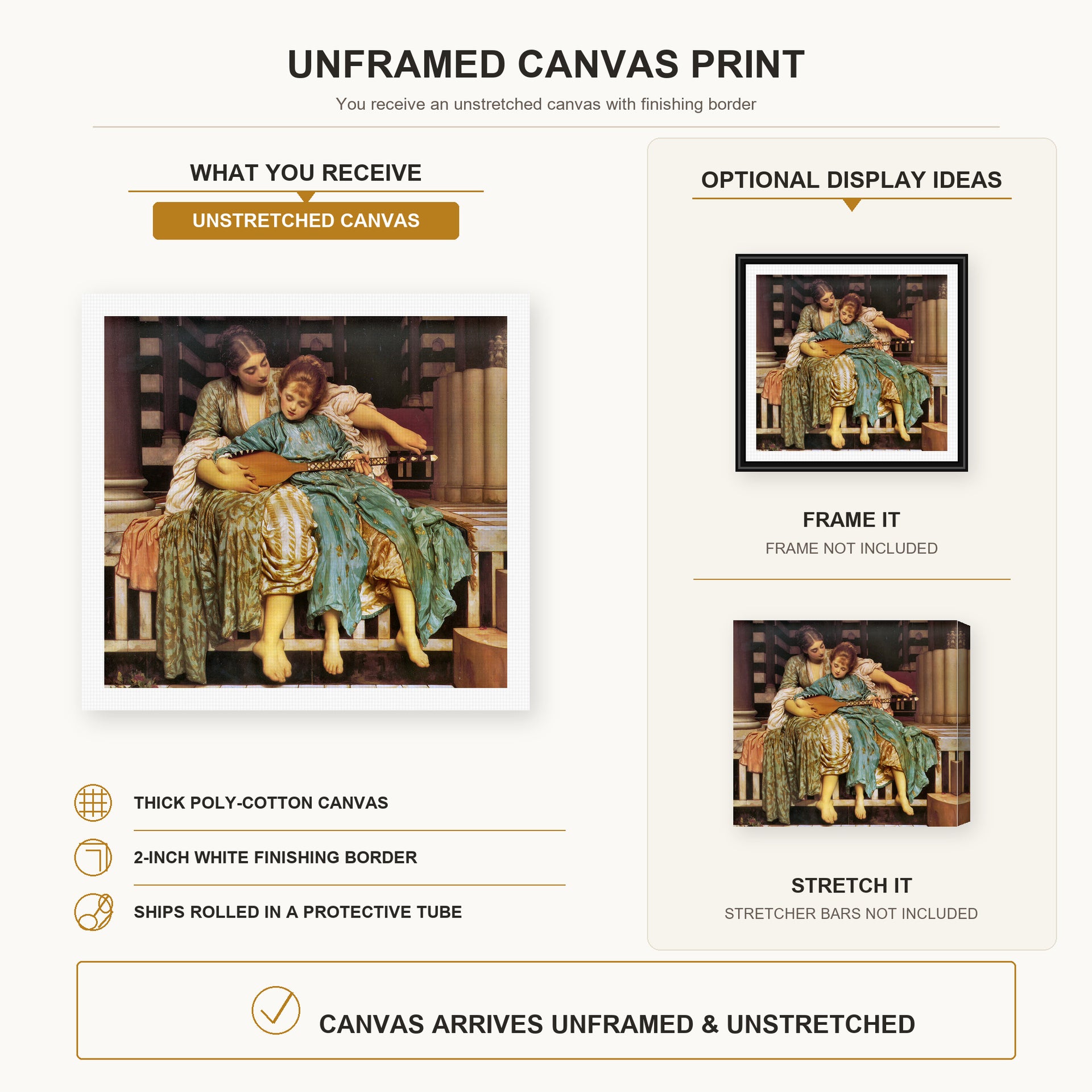 Lord Frederick Leighton - Music Lesson canvas print size comparison and framing display infographic