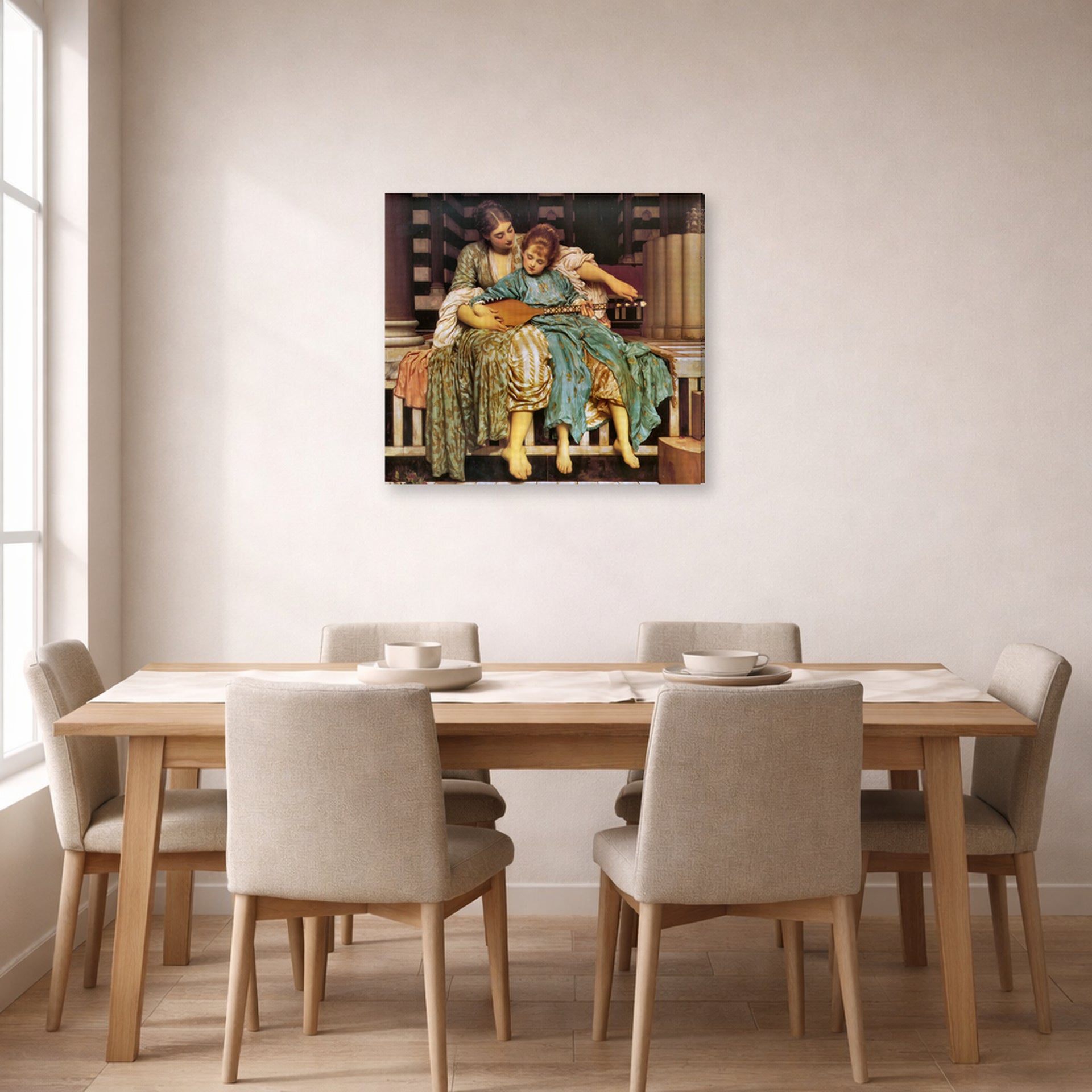 Gallery-wrapped canvas print of Lord Frederick Leighton's Music Lesson displayed on a wall in a dining
