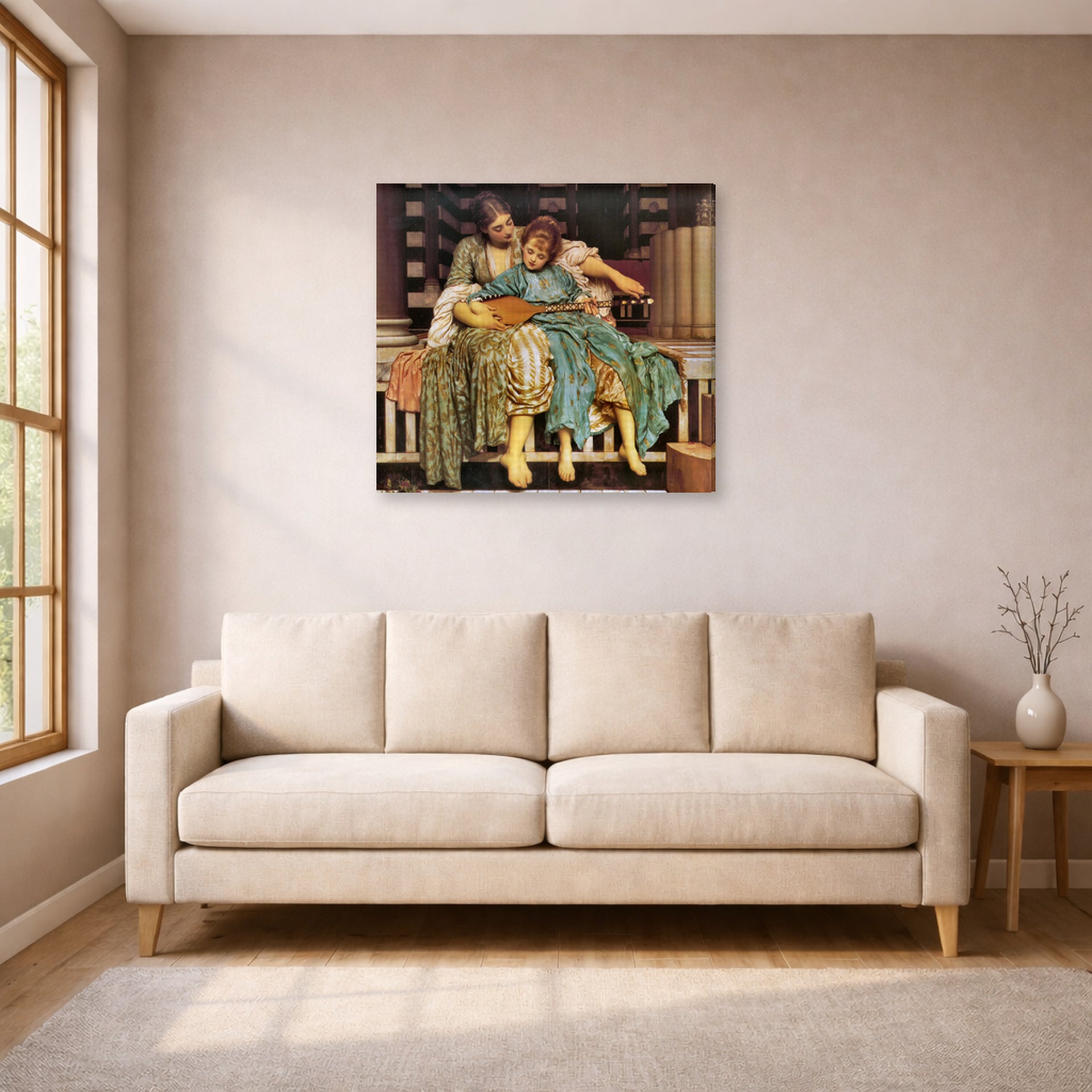 Gallery-wrapped canvas print of Lord Frederick Leighton's Music Lesson displayed on a wall in a living room