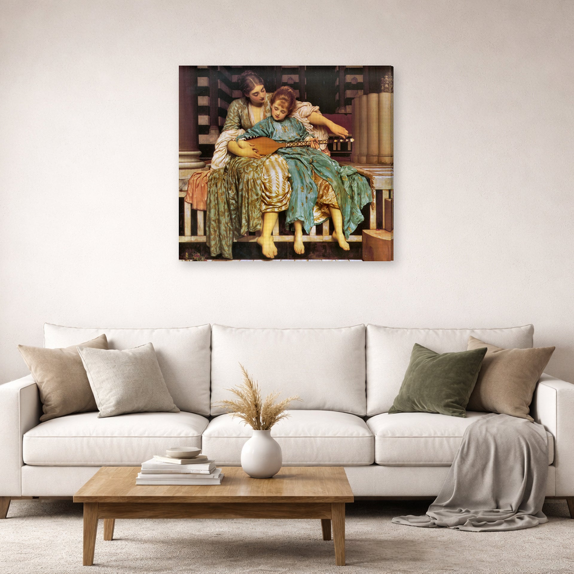 Gallery-wrapped canvas print of Lord Frederick Leighton's Music Lesson displayed on a wall in a living room