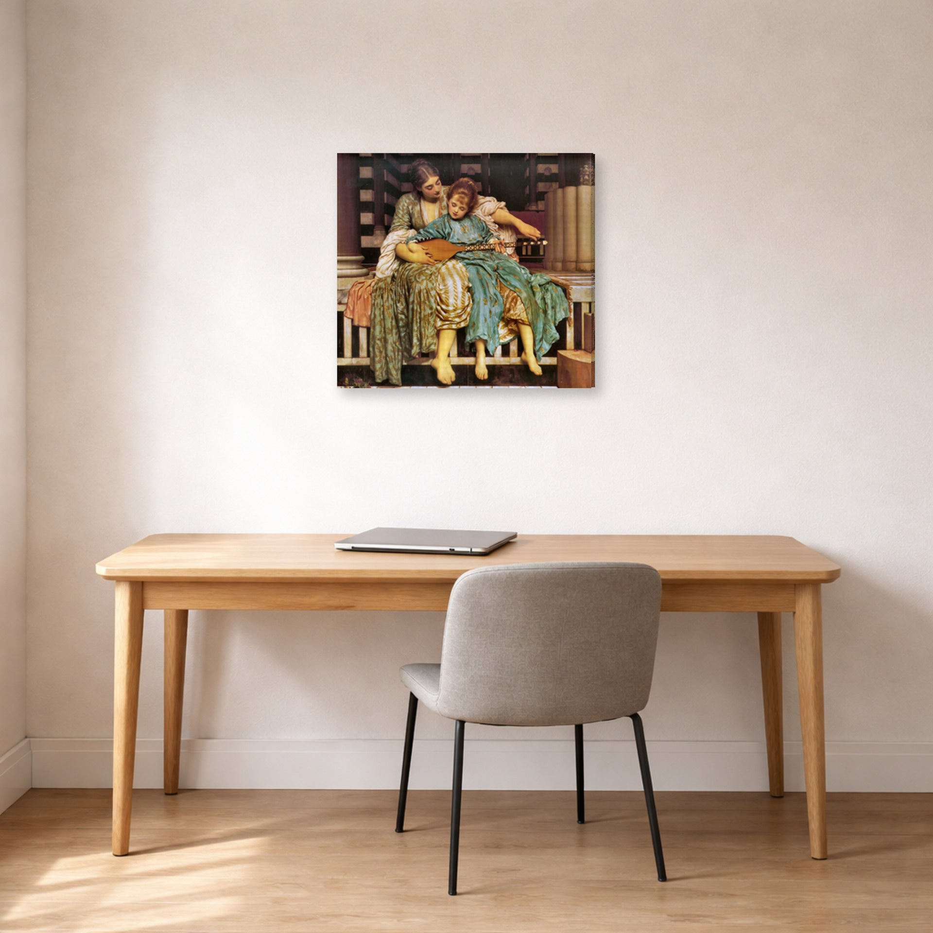 Gallery-wrapped canvas print of Lord Frederick Leighton's Music Lesson displayed on a wall in a office