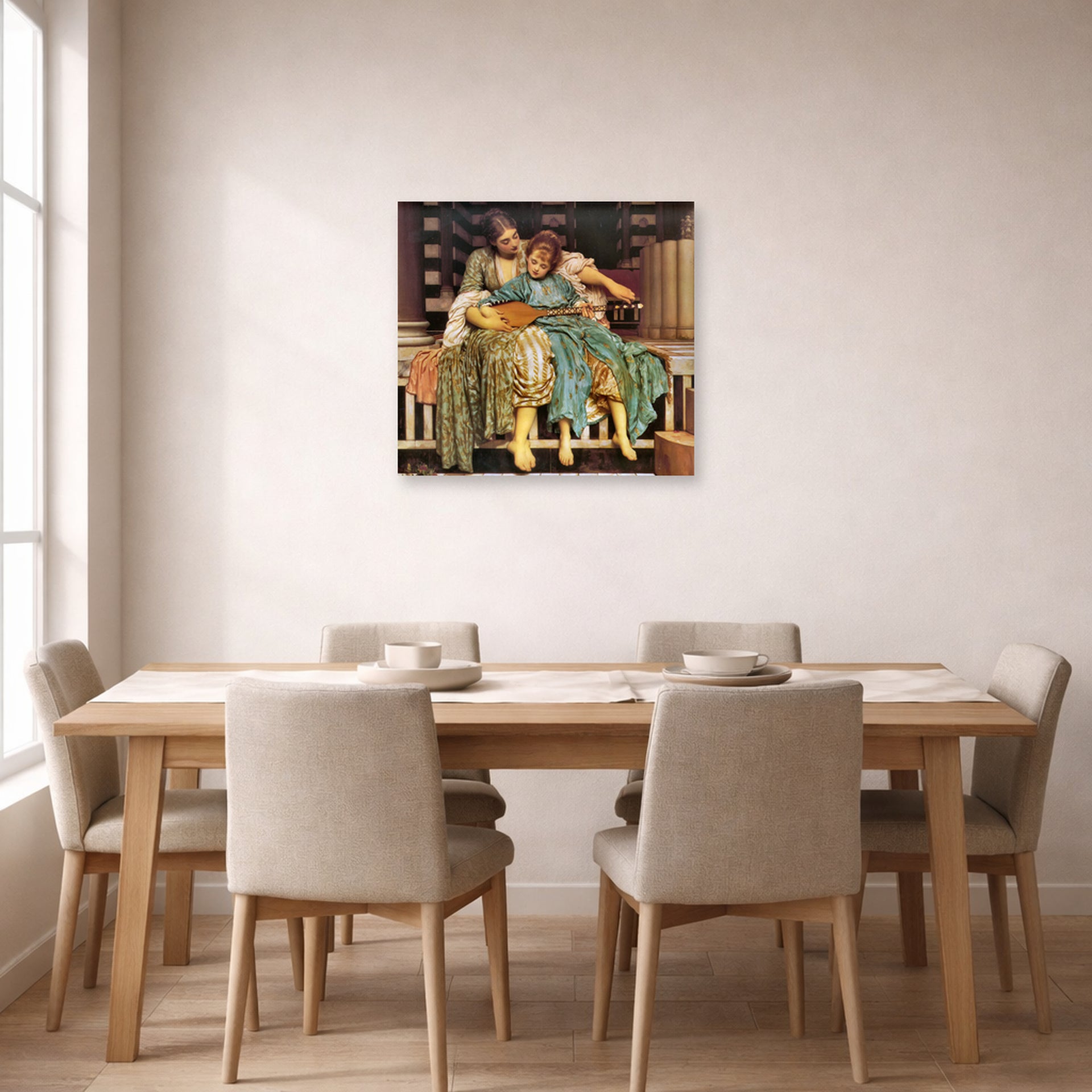 Unframed poster print of Lord Frederick Leighton's Music Lesson displayed on a wall in a dining