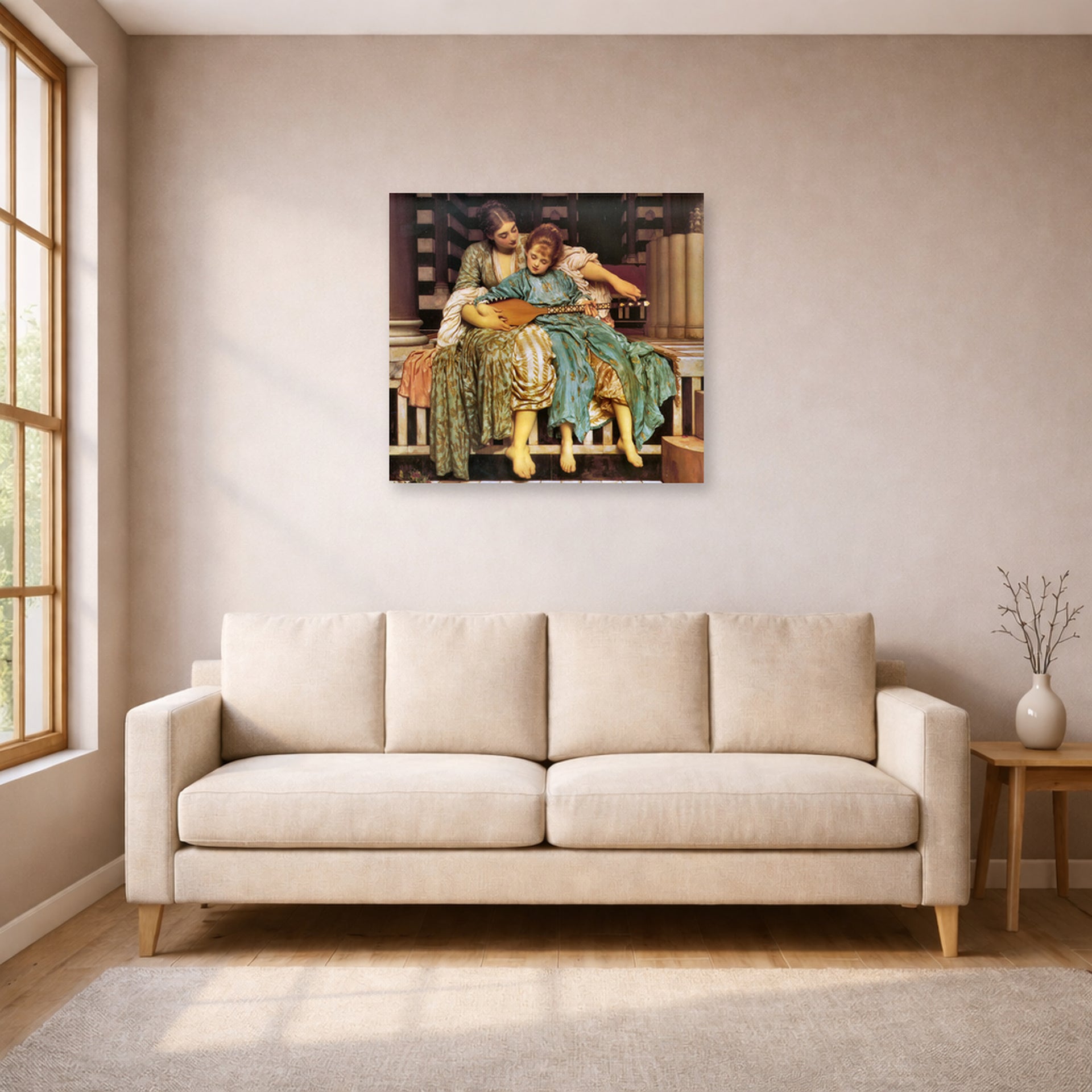 Unframed poster print of Lord Frederick Leighton's Music Lesson displayed on a wall in a living room
