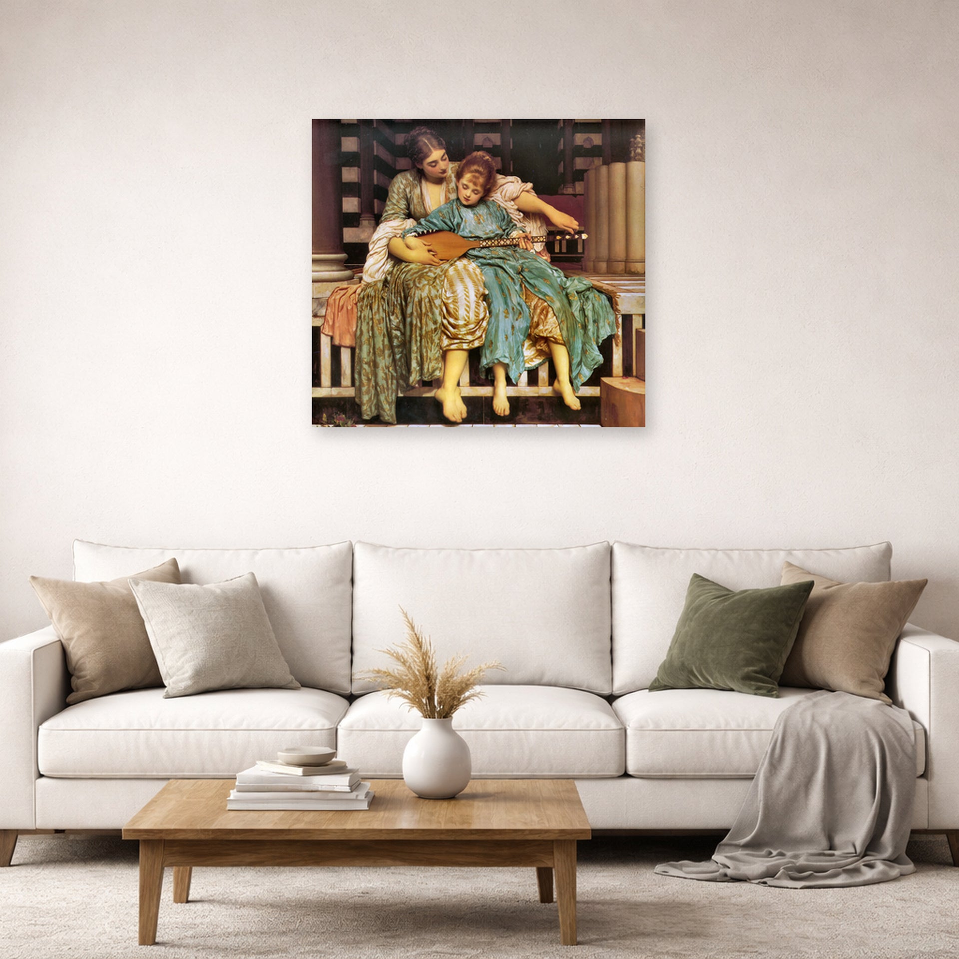 Unframed poster print of Lord Frederick Leighton's Music Lesson displayed on a wall in a living room