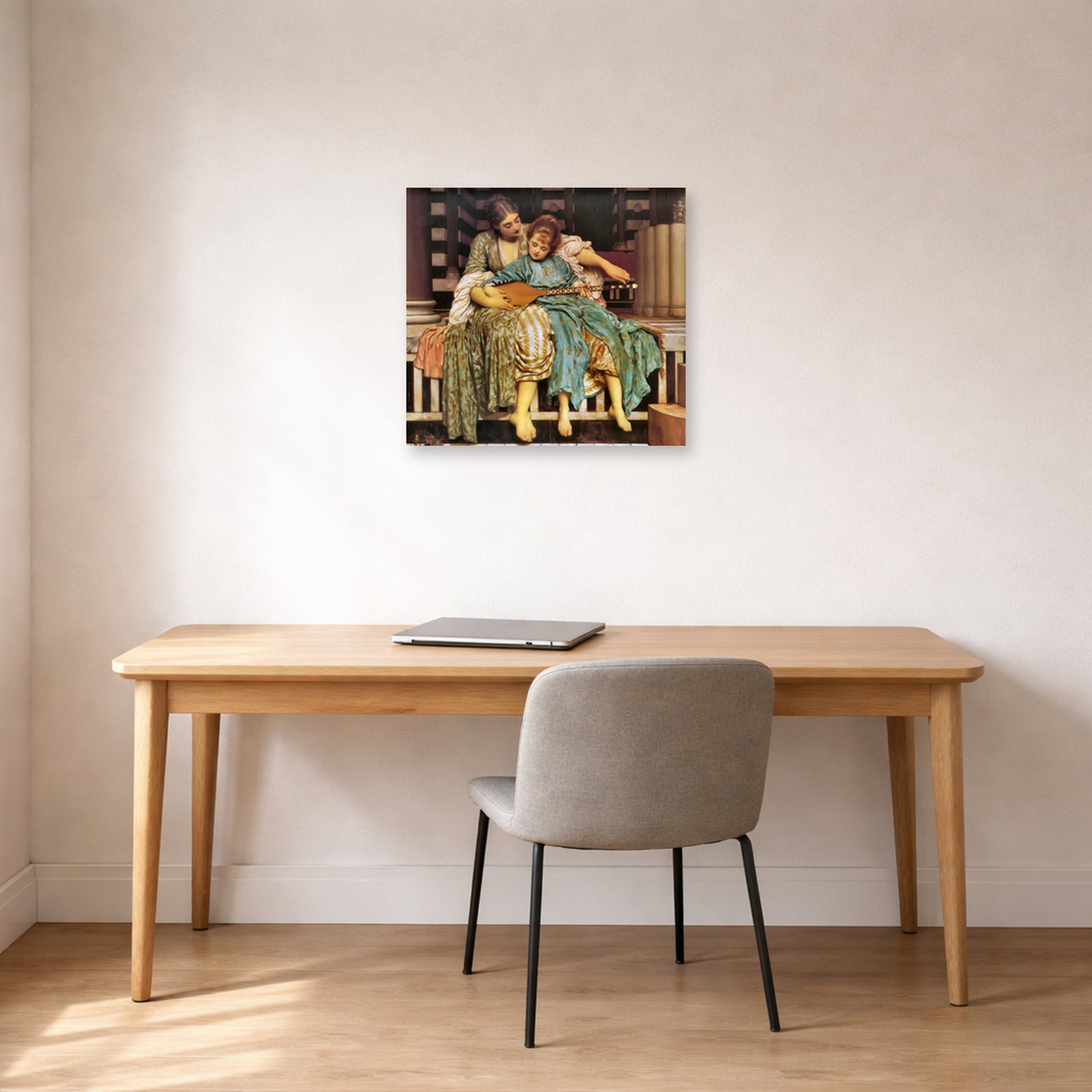 Unframed poster print of Lord Frederick Leighton's Music Lesson displayed on a wall in a office