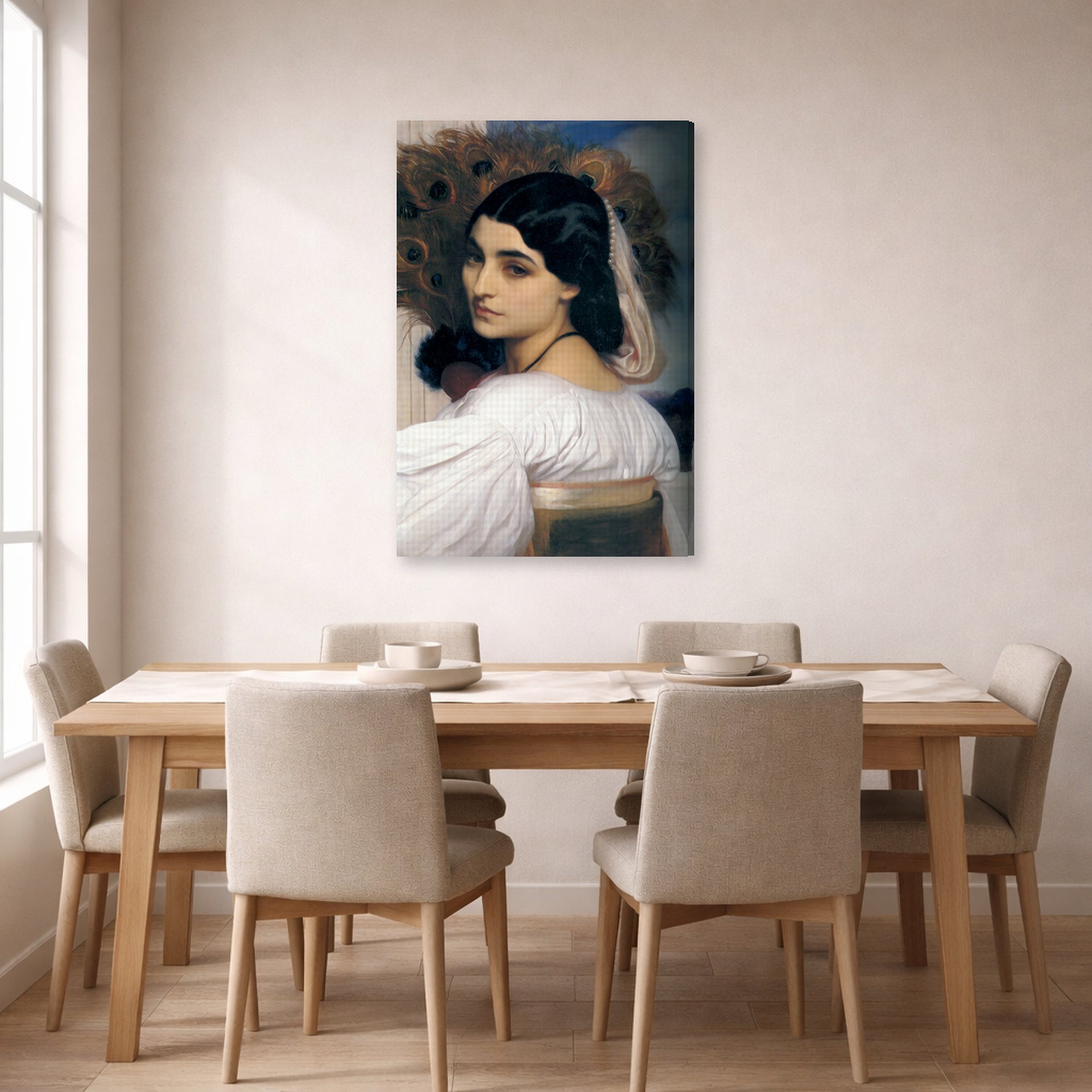 Gallery-wrapped canvas print of Lord Frederick Leighton's Pavonia displayed on a wall in a dining