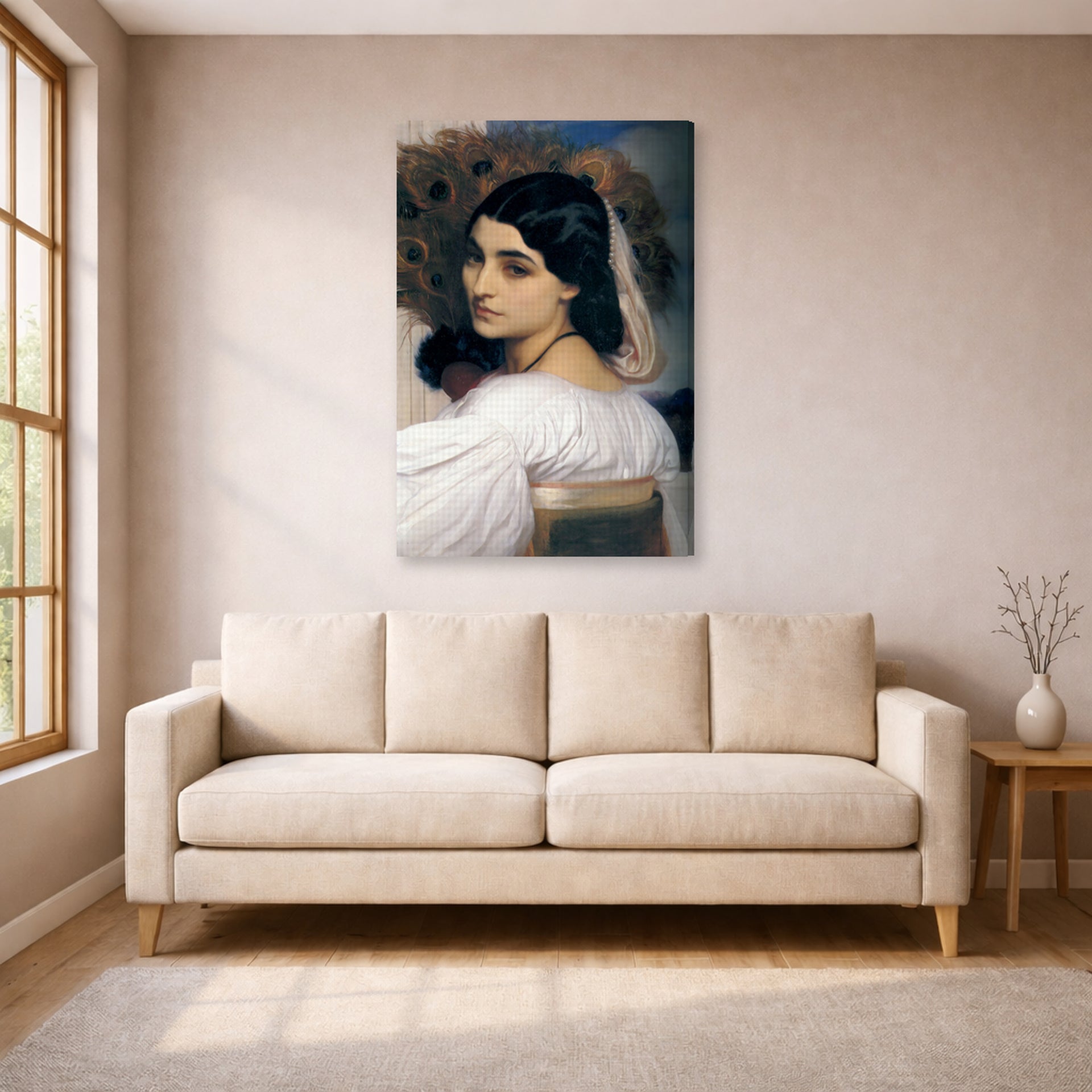 Gallery-wrapped canvas print of Lord Frederick Leighton's Pavonia displayed on a wall in a living room