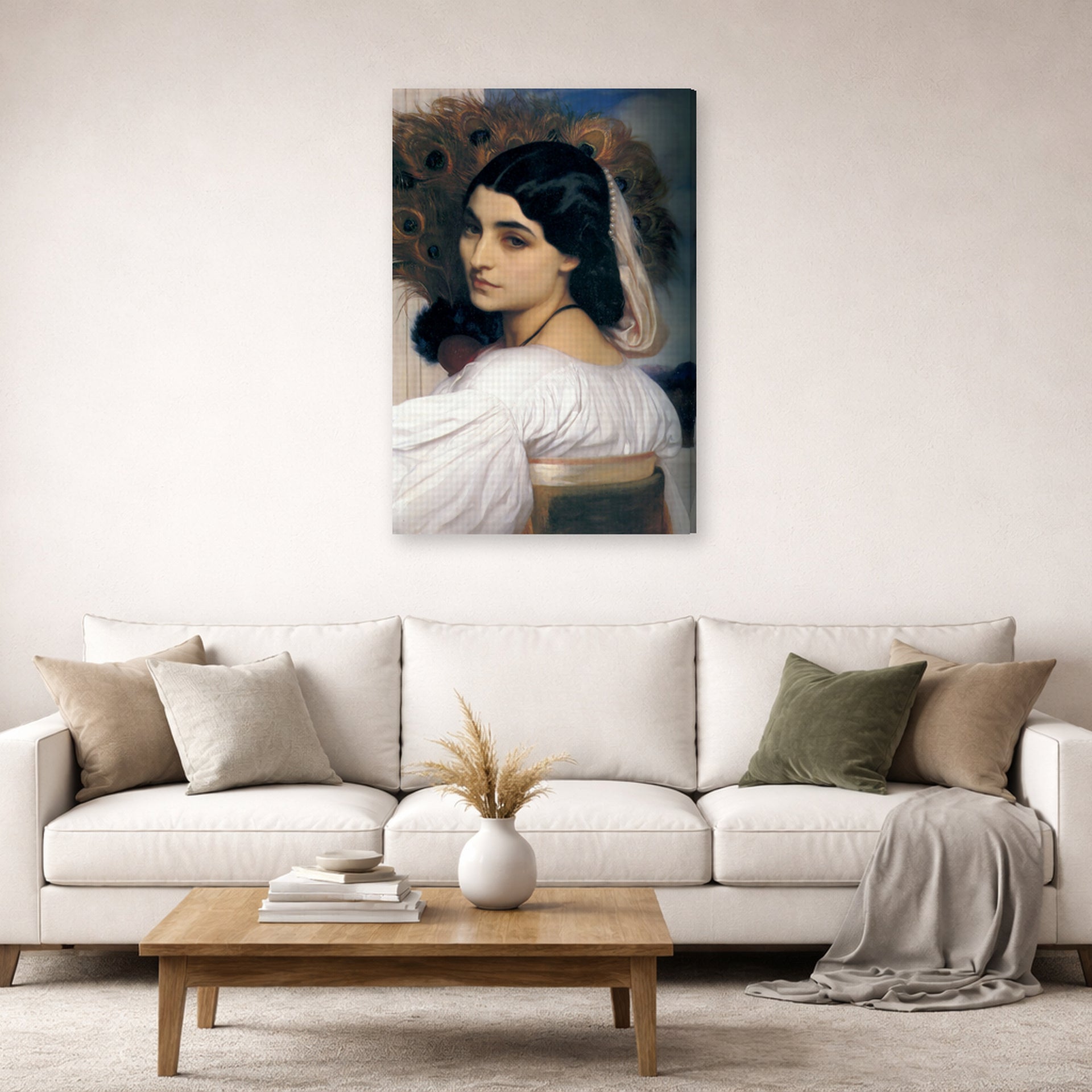 Gallery-wrapped canvas print of Lord Frederick Leighton's Pavonia displayed on a wall in a living room
