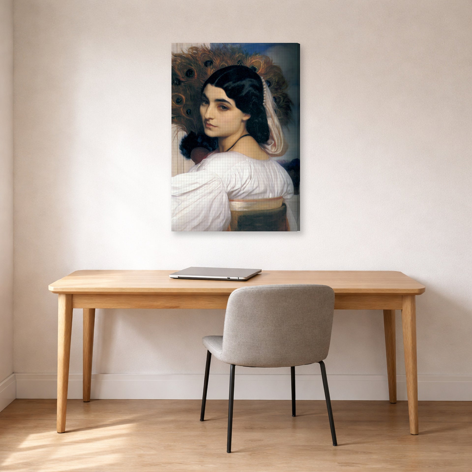 Gallery-wrapped canvas print of Lord Frederick Leighton's Pavonia displayed on a wall in a office