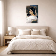 Unframed poster print of Lord Frederick Leighton's Pavonia displayed on a wall in a bedroom