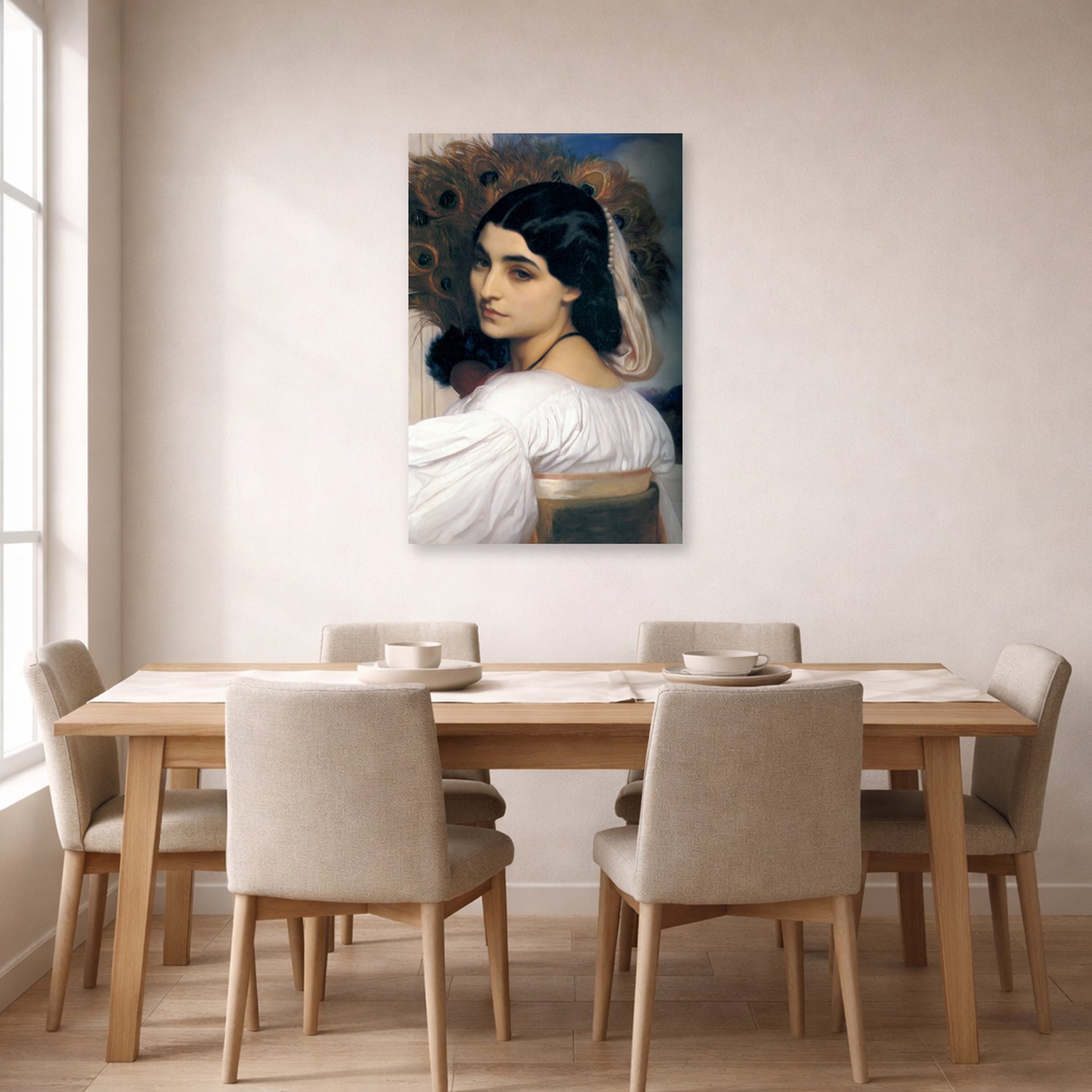Unframed poster print of Lord Frederick Leighton's Pavonia displayed on a wall in a dining