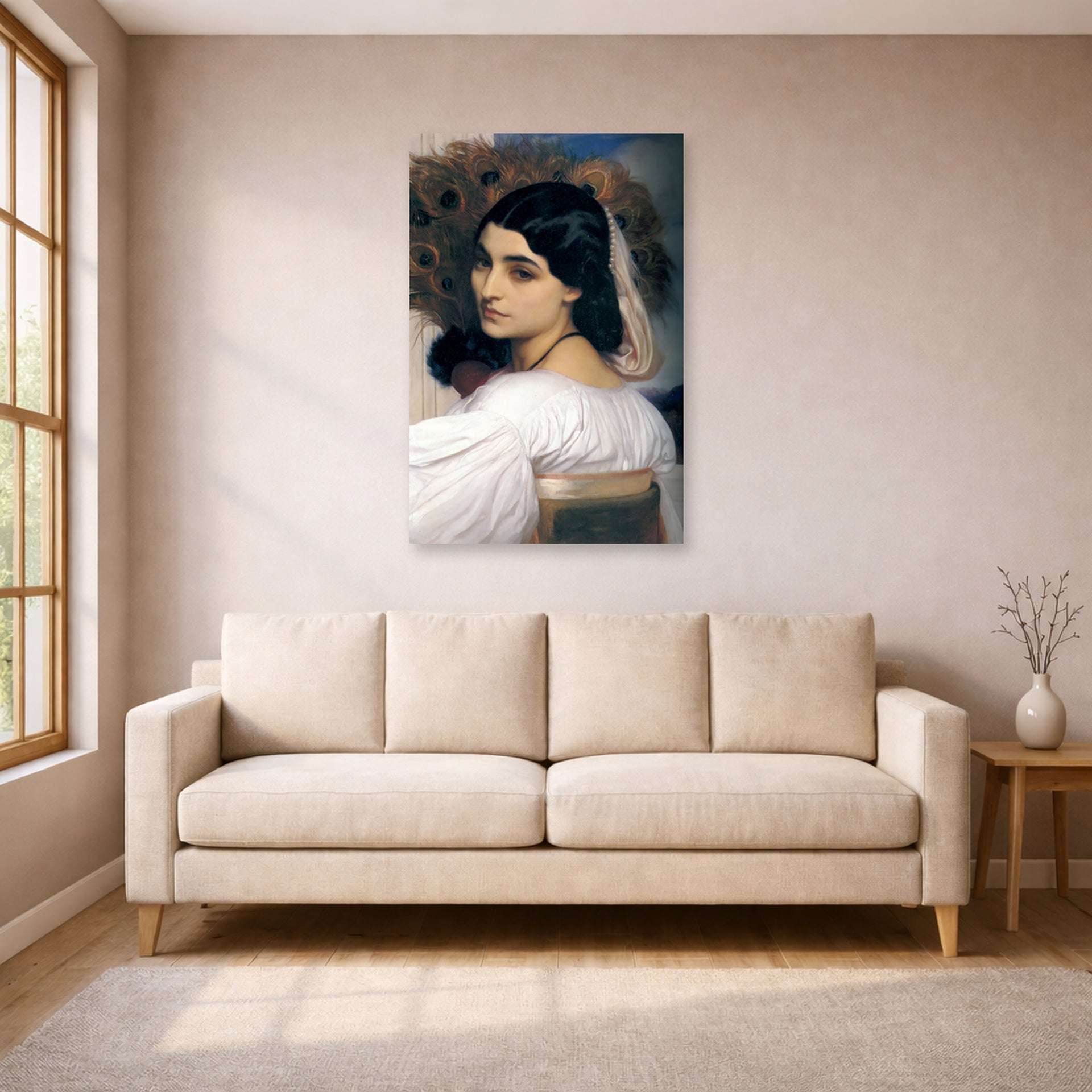 Unframed poster print of Lord Frederick Leighton's Pavonia displayed on a wall in a living room